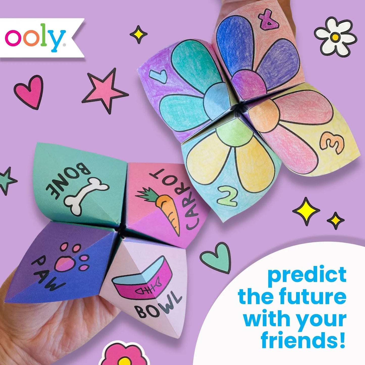 Ooly DIY Paper Kit, 24 Fortune Teller Designs & Stickers, Kit Includes 12 Completed, 6 Blank and 6 Color-in Folding Fortune Teller, Activity Gifts for Kids