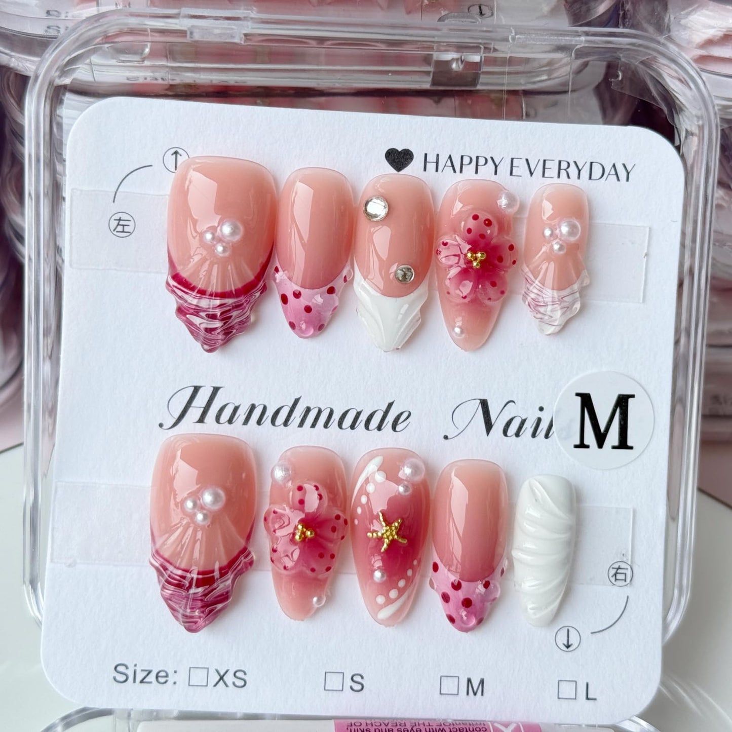 Haozerart Luxury Handmade Press On Nails - Medium Almond Fake Nails French Style With Red 3D Floral And Raised Shell Accents Salon Quality Reusable Nails For Women 10PCS Size M