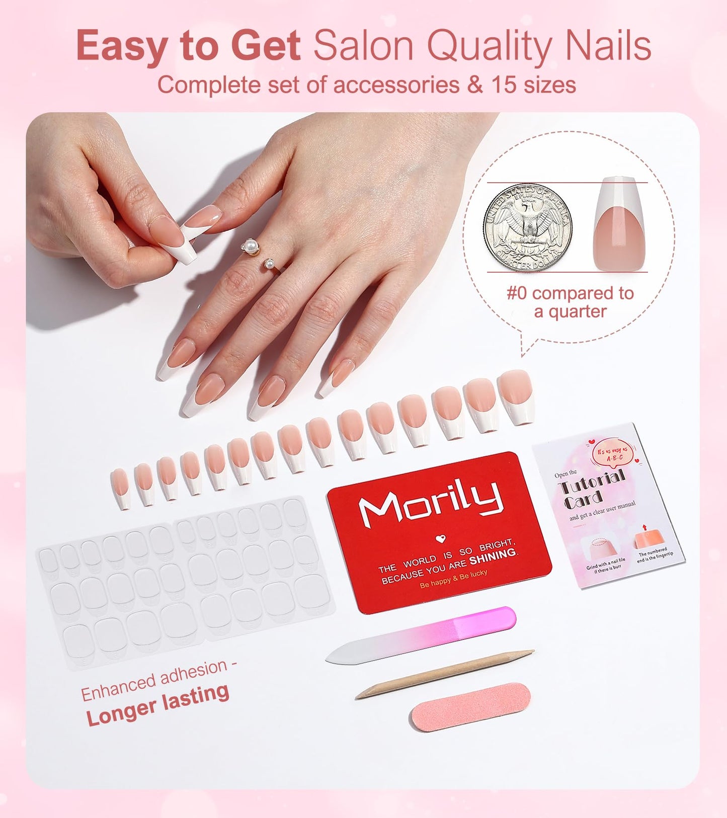 Morily Light Pink White French Tip Press on Nails, 30Pcs Long Coffin Thicker Fake Nails Reusable False Nails with Design, Glossy Acrylic Stick on Nails for Women, 15 Sizes, Include Glass File