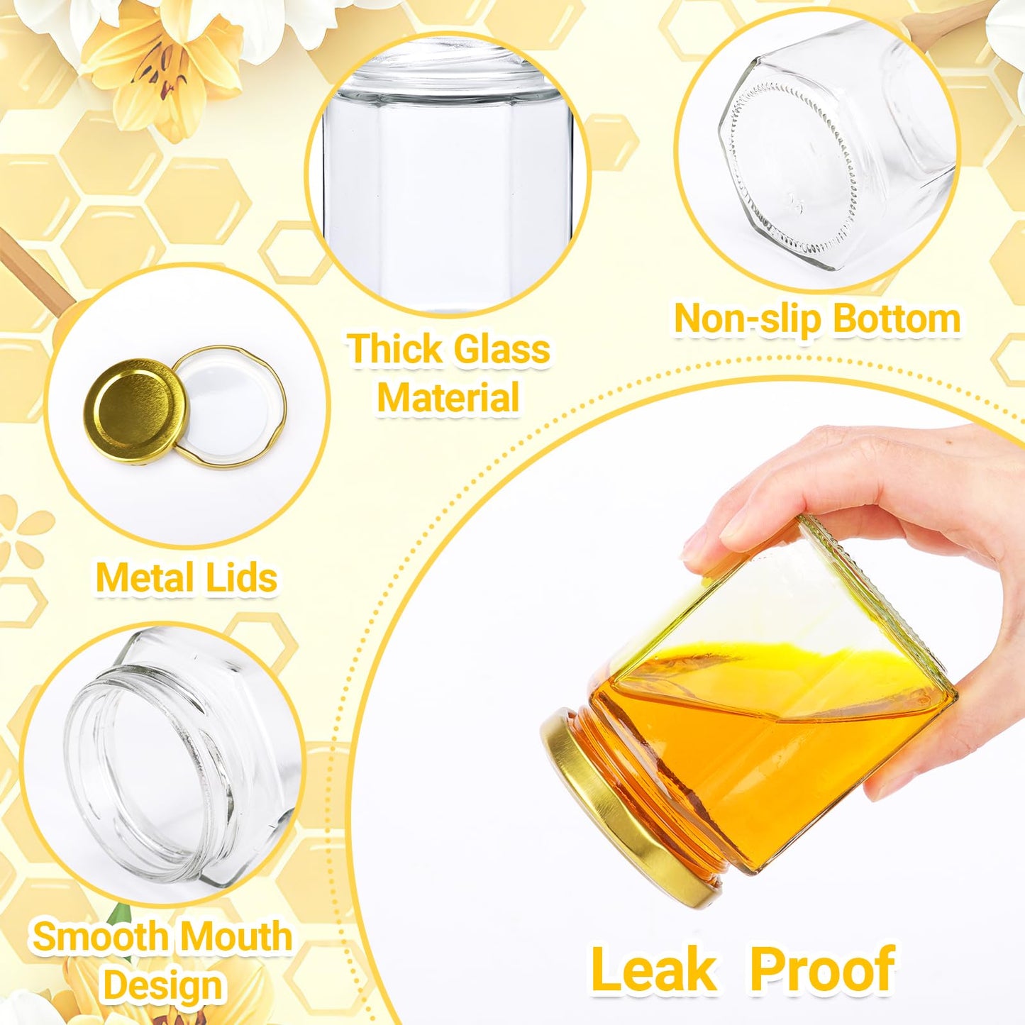 Haneye 6 oz Hexagon Glass Jars with Gold Lids, 30 Pack Honey Jars Canning Jars Small Spice Jars for Jelly, Herb, Jams, Candy, Wedding Favors, Includes Labels and Pen