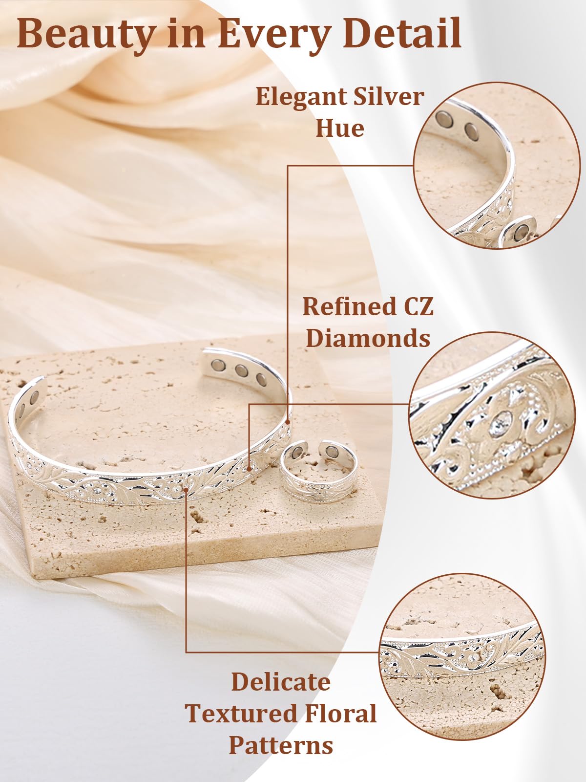 BioMag Lymphatic Drainage Ring & Copper Bracelet, 99.99% Pure Copper Magnetic Bracelet & Ring with Built-in 3500 Gauss Magnets, Adjustable Size,Floral Branch and Leaf Pattern