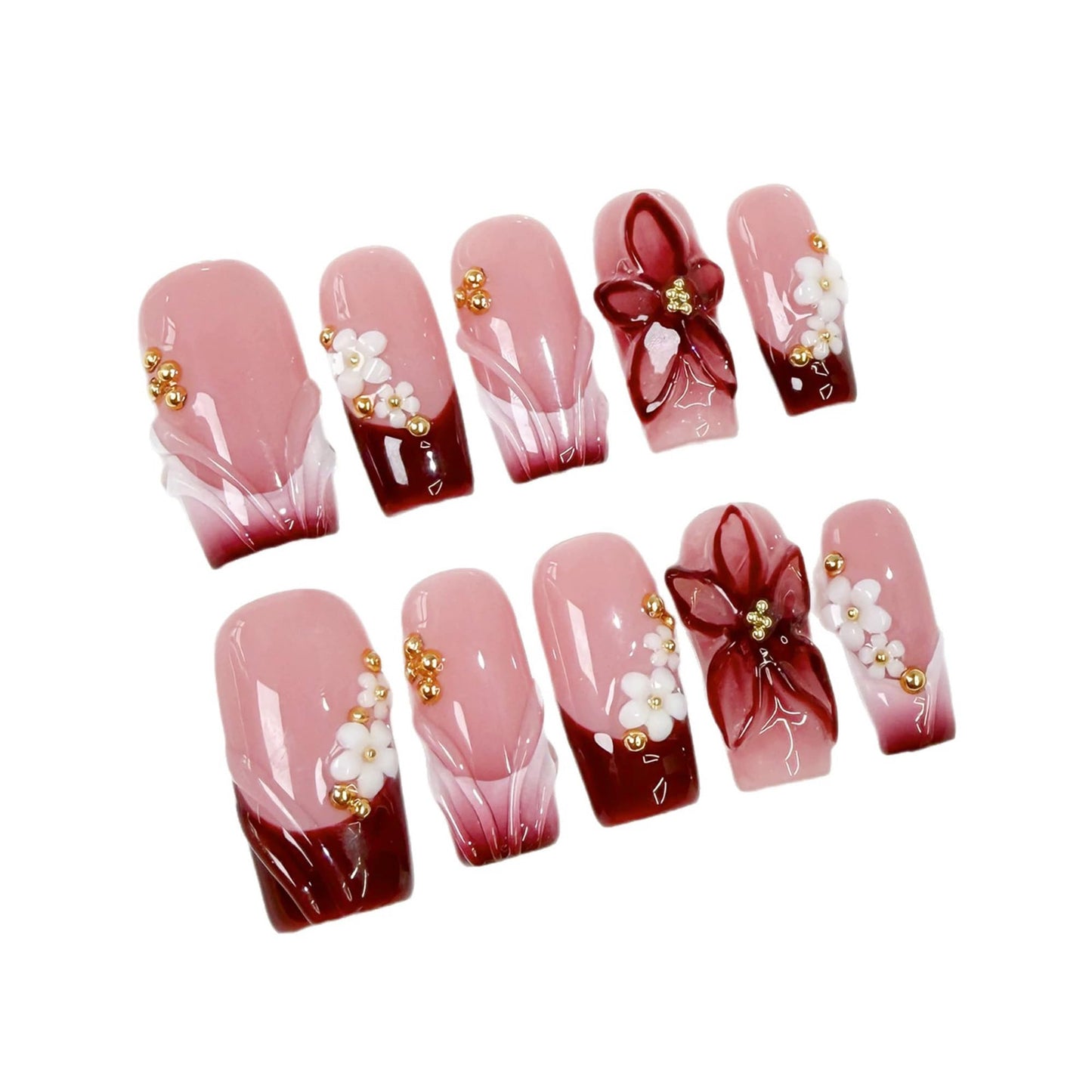 Handmade Press on Nails Red French Tip False Nails Medium Square Fake Nails with 3D Flower Designs Nails Press Ons Luxury Full Cover Muti-Layer Gel Stick on Nail for Women 10Pcs (Size M)