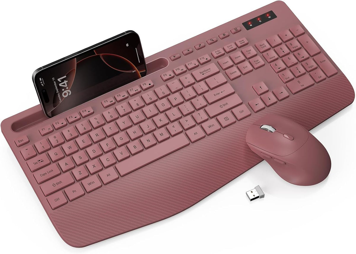 Wireless Keyboard and Mouse Combo - Full-Sized Ergonomic Keyboard with Wrist Rest, Phone Holder, Sleep Mode, Silent 2.4GHz Cordless Keyboard Mouse Combo for Computer, Laptop, PC, Mac, Windows