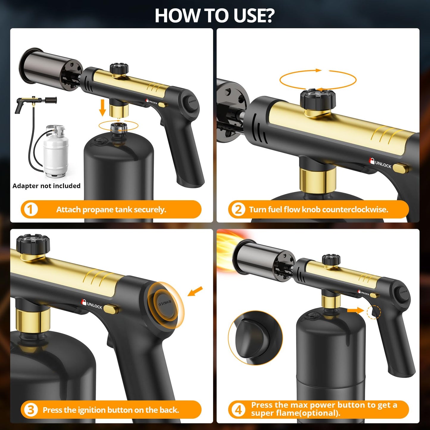 KinetiFire Powerful Propane Torch Gun, Cooking Torch with One-Touch Max Fire, Adjustable Culinary Torch for Searing Steak, Sous Vide, BBQ and Campfire Starter, Gold & Black(Tank Not Included)