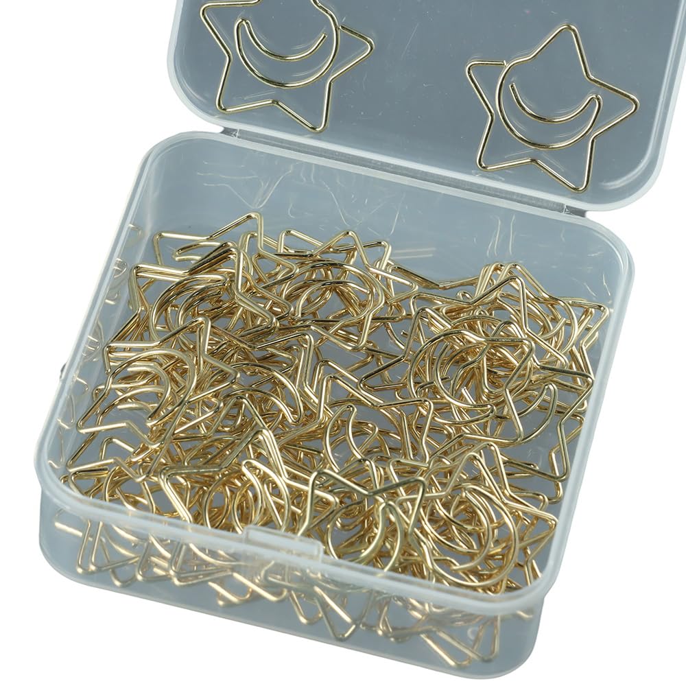 dohobby 50pcs Creative Moon and Star Shaped Paper Clip, Cute Gold Metal Bookmarks Memo Clips Set with Storage Box,Office Accessories for Home, Office