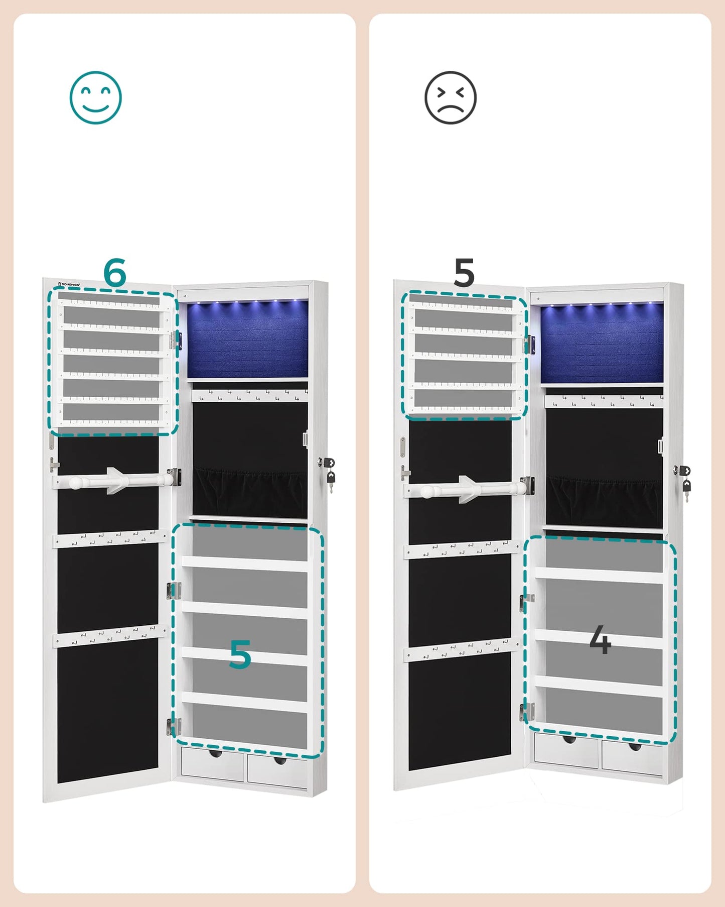 SONGMICS Hanging Jewelry Cabinet, Wall-Mounted Cabinet with LED Interior Lights, Door-Mounted Jewelry Organizer, Full-Length Mirror, Gift Idea, White UJJC99WT