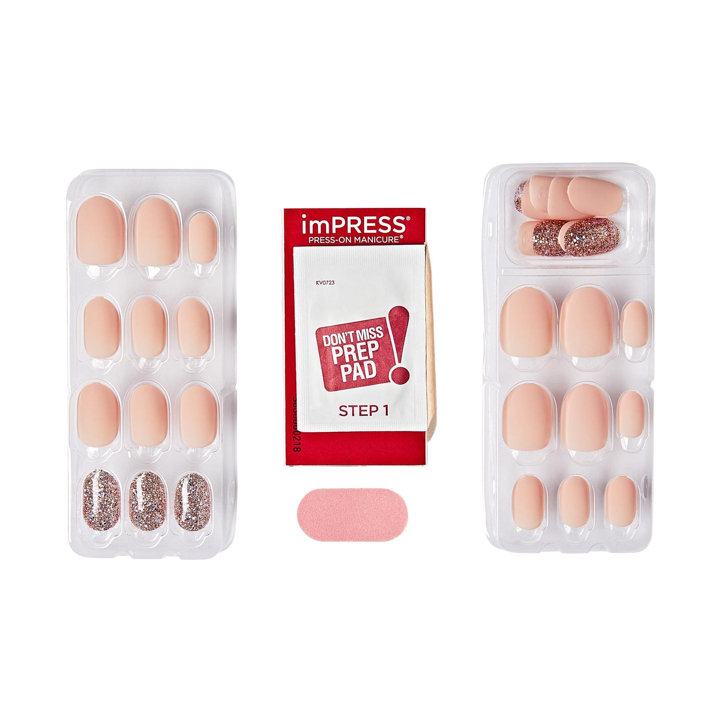 Kiss Impress No Glue Mani Press On Nails, Design, 'Evanesce', Beige, Short Size, Oval Shape, Includes 30 Nails, Prep Pad, Instructions Sheet, 1 Manicure Stick, 1 Mini File