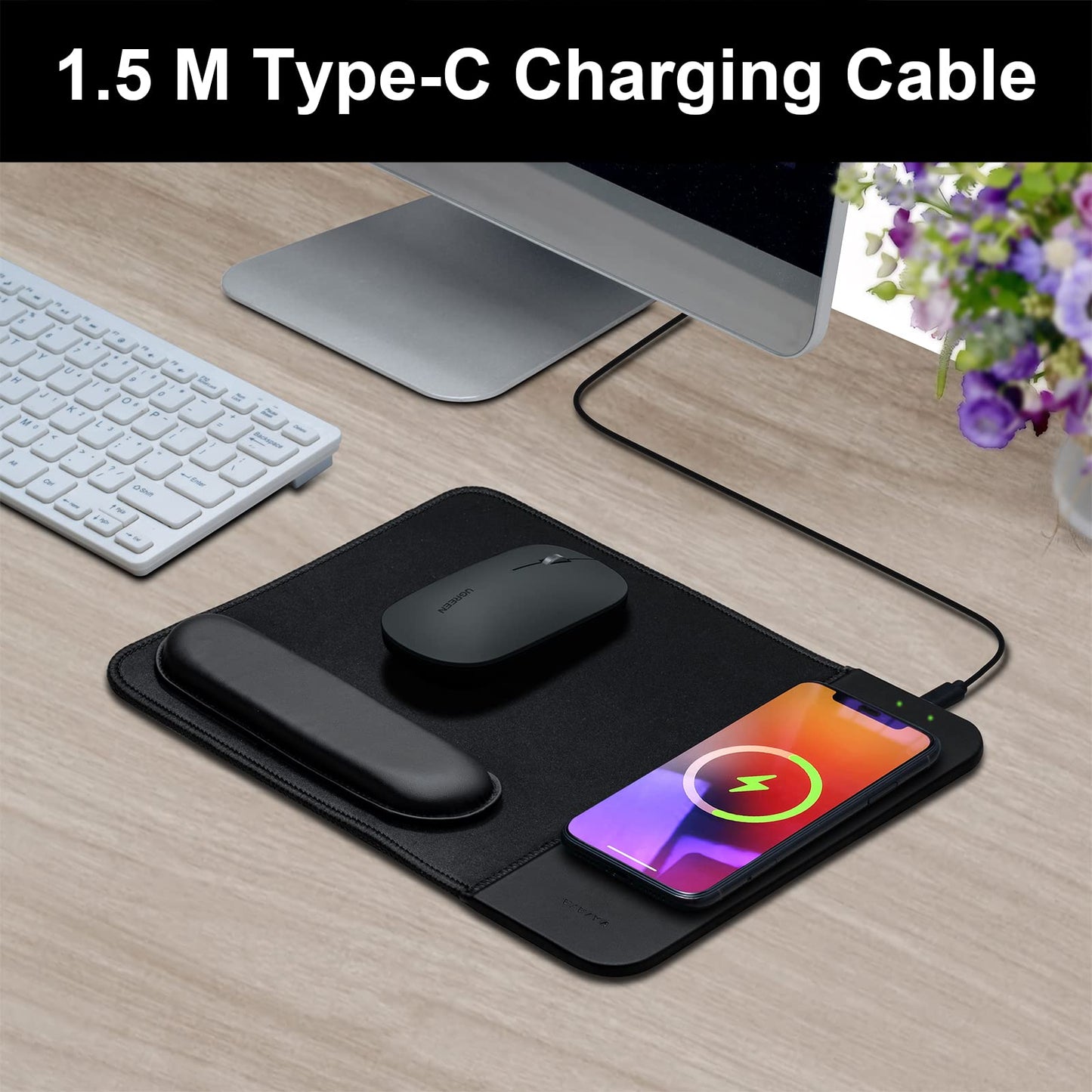 VIVIYA 15W Wireless Charging Mouse Pad with Detachable Wrist Support, Fast QI Phone Charger Mouse Mat for iPhone 16/15/14/13/12/11/X and Samsung Multiple Mobile Devices (Black)