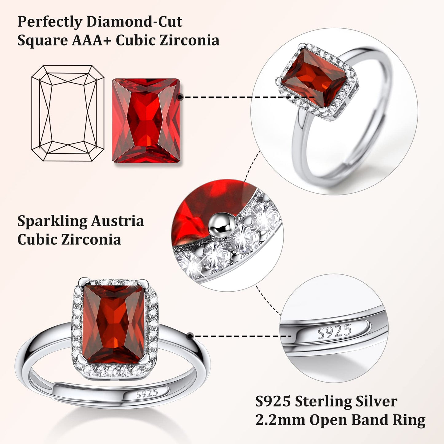 Bestyle 925 Sterling Silver Love Square Cut Gemstone Shiny Cubic Zirconia Rings, Brilliant Created July Ruby CZ Birthstone Rings for Women, Promise/Statement Ring Great Jewelry Gift