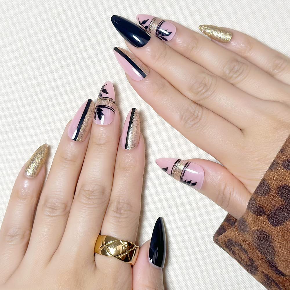 24 Pcs Press on Nails Medium,Lucoffeoi Almond Fake Nails with Nail Glue Almond and Square on Nails Set with Adhesive Tabs File Nails Tips for Women Girls Kids