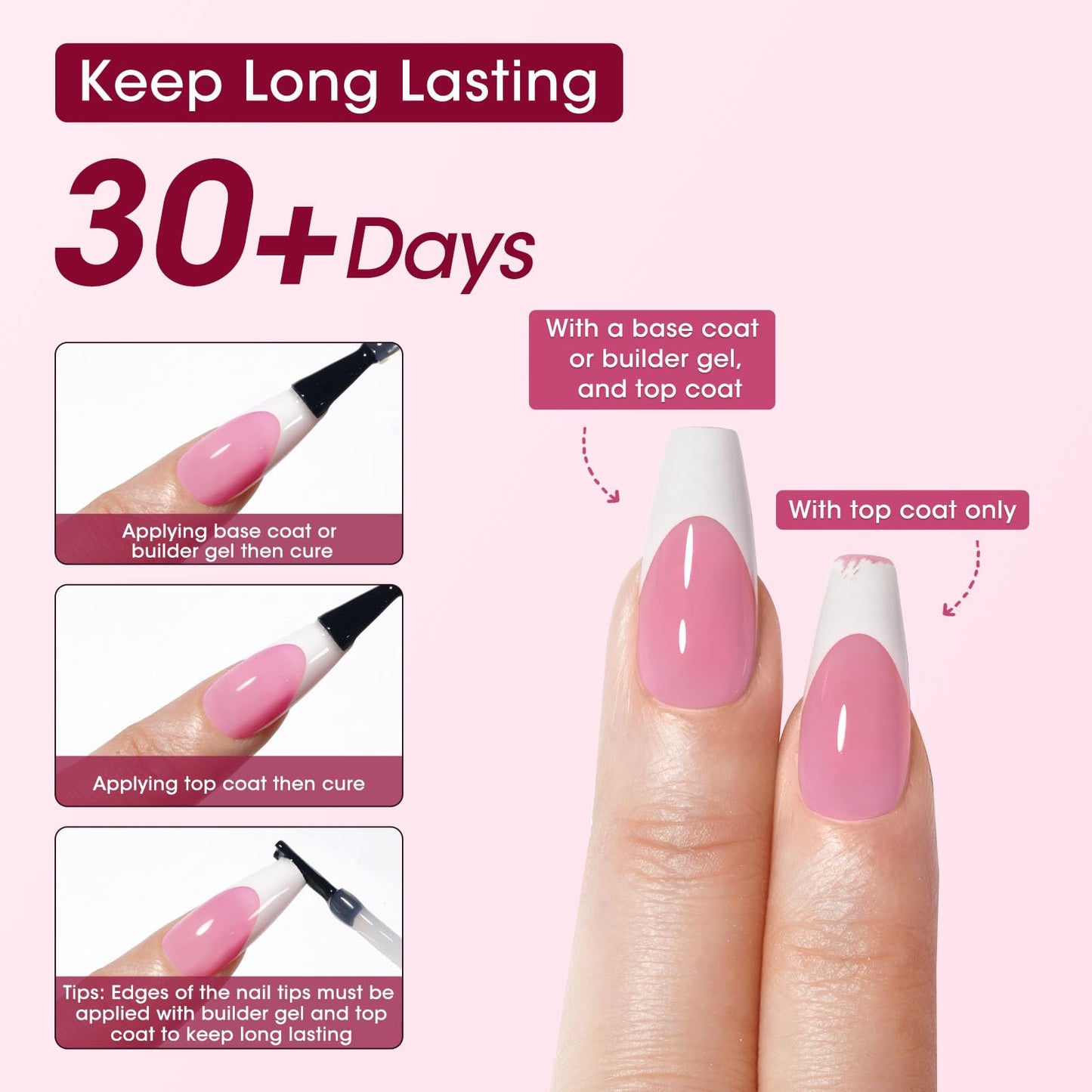 Gellen Square French Tip Press on Nails - 3 in 1 Soft Gel Nail Tips, 330 pcs 15 Sizes Pink Long Square French Nails Press on Long-lasting, No Need to File Press on Nails