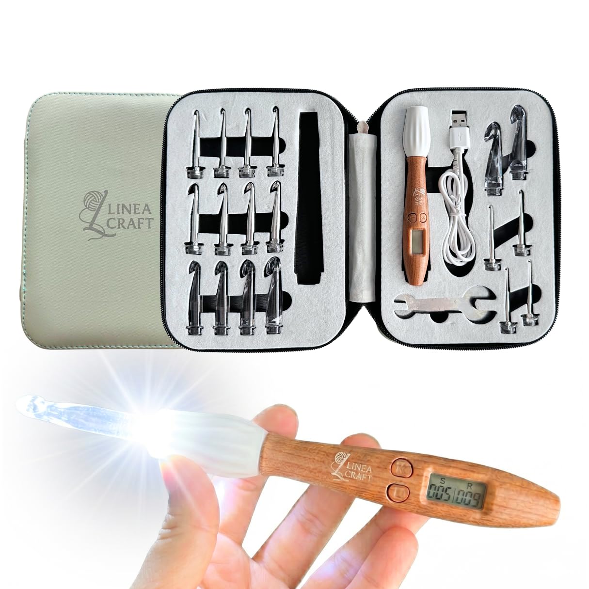 LineaCraft Counting Crochet Hook Set with Light & Counter – 18 Sizes Interchangeable Hooks Kit for Beginners, Light up, Digital Stitch & Row Counter, Ergonomic for Arthritic Hands – Crochet Gift