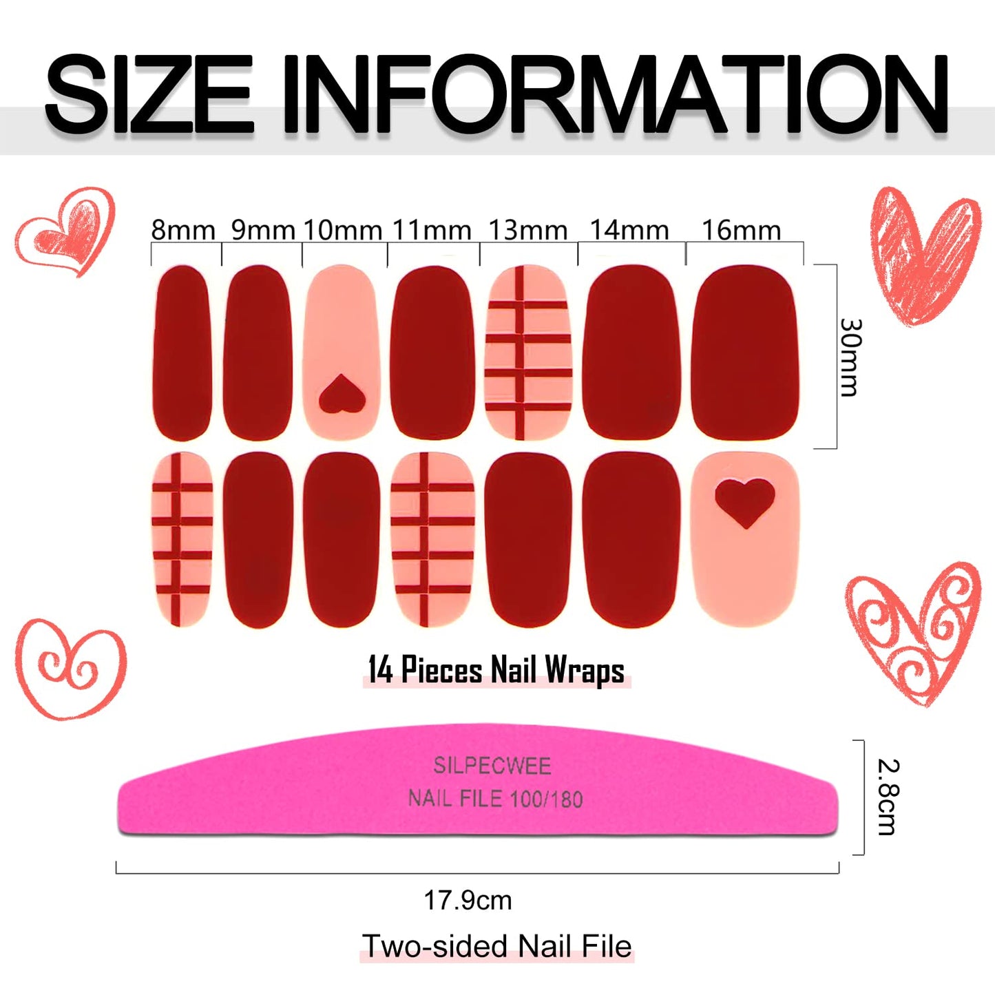 SILPECWEE 16 Sheets Nail Polish Strips Red Plaid Solid Color Nail Wraps for Women Self Adhesive Nail Polish Stickers Gel Nail Strips Fingernail Manicure Sticker Nail Art