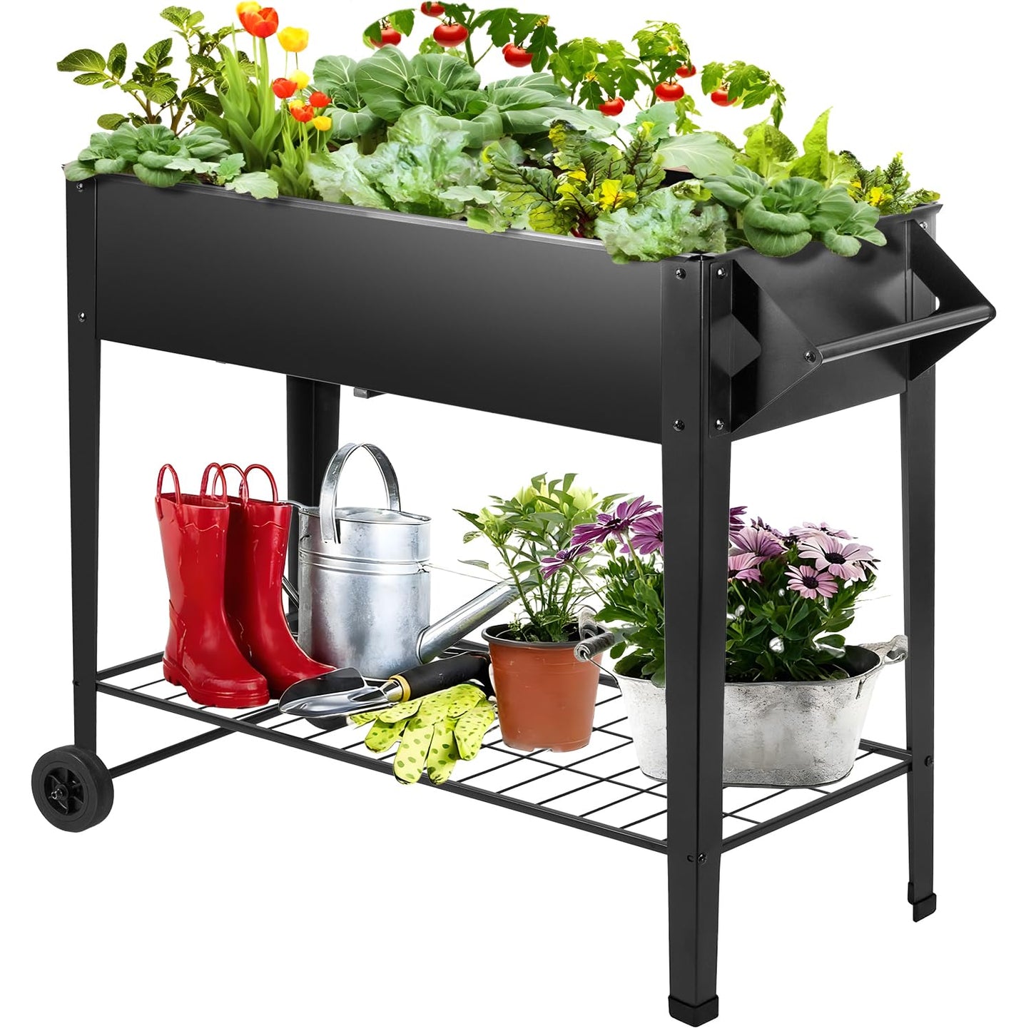 DNKMOR 32" Tall Raised Garden Bed Outdoor with Wheels & Storage Shelf or Mobility,Mobile Anti-Rust Steel Planters for Outdoor Plants,Planter Box for Vegetables/Flower/Herbs,Patio-Balcony-Backyard