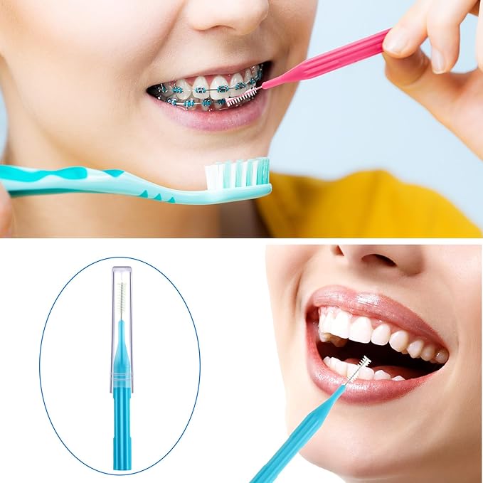 Patelai 100 Pieces Braces Brush for Cleaner Interdental Brush Toothpick Dental Flossing Head Oral Hygiene Flosser Tooth Cleaning Tool (Light Blue,Pink)