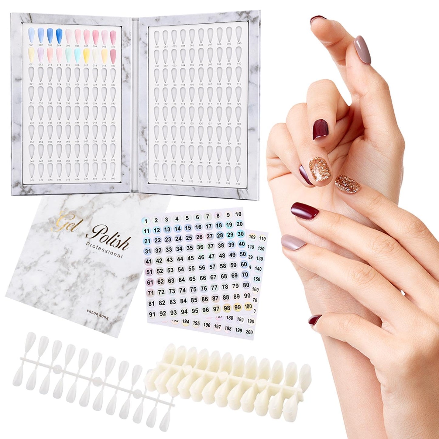Rivonthex 160 Nail Color Display Book with 240 Nail Tips & Number Stickers (1-200) - Professional Color Swatches Book Display Chart