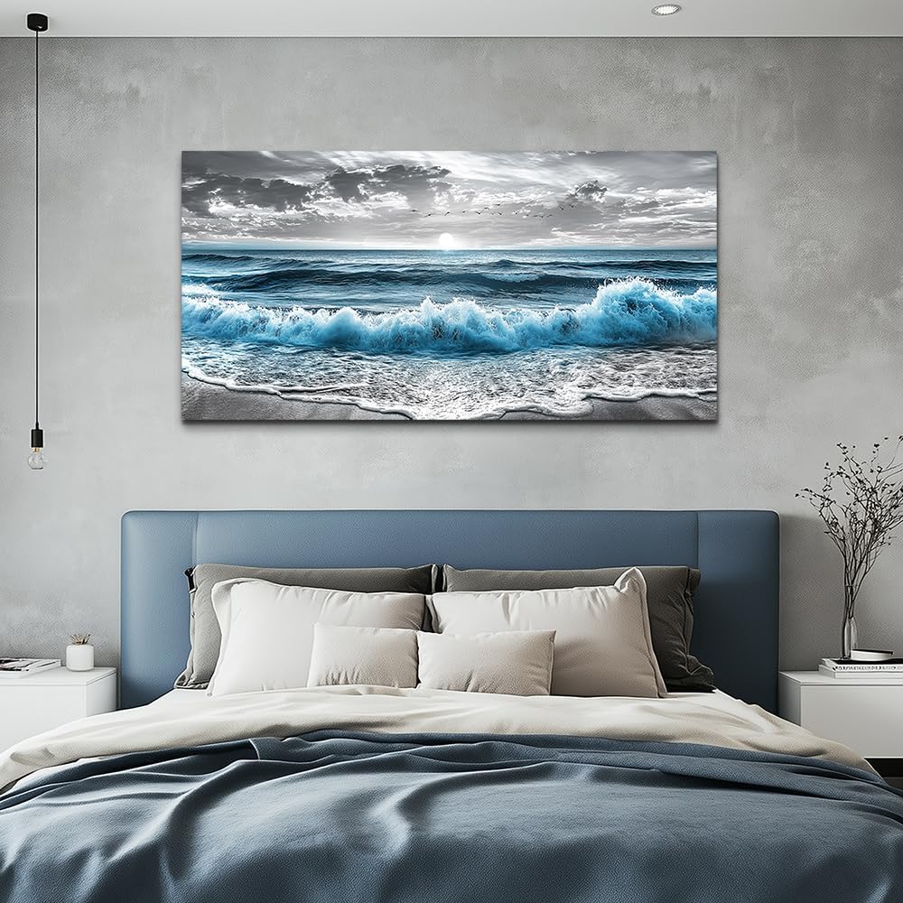 ZUITINGHUA Large Wall Decor For Living Room Canvas Wall Art For Office Modern Wall Decorations For Bedroom Sea Wave Landscape Painting Black And White Pictures Artwork Room Home Decor 24x48 In