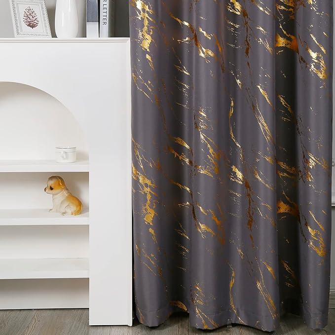 Taisier Home Gold Foil Print Linen Textured Curtains Geometric Marble Pattern Design Curtains for Dollhouse Light Filtering Window Treatment 2 Panels 63" L,Soft Grey and Gold Print