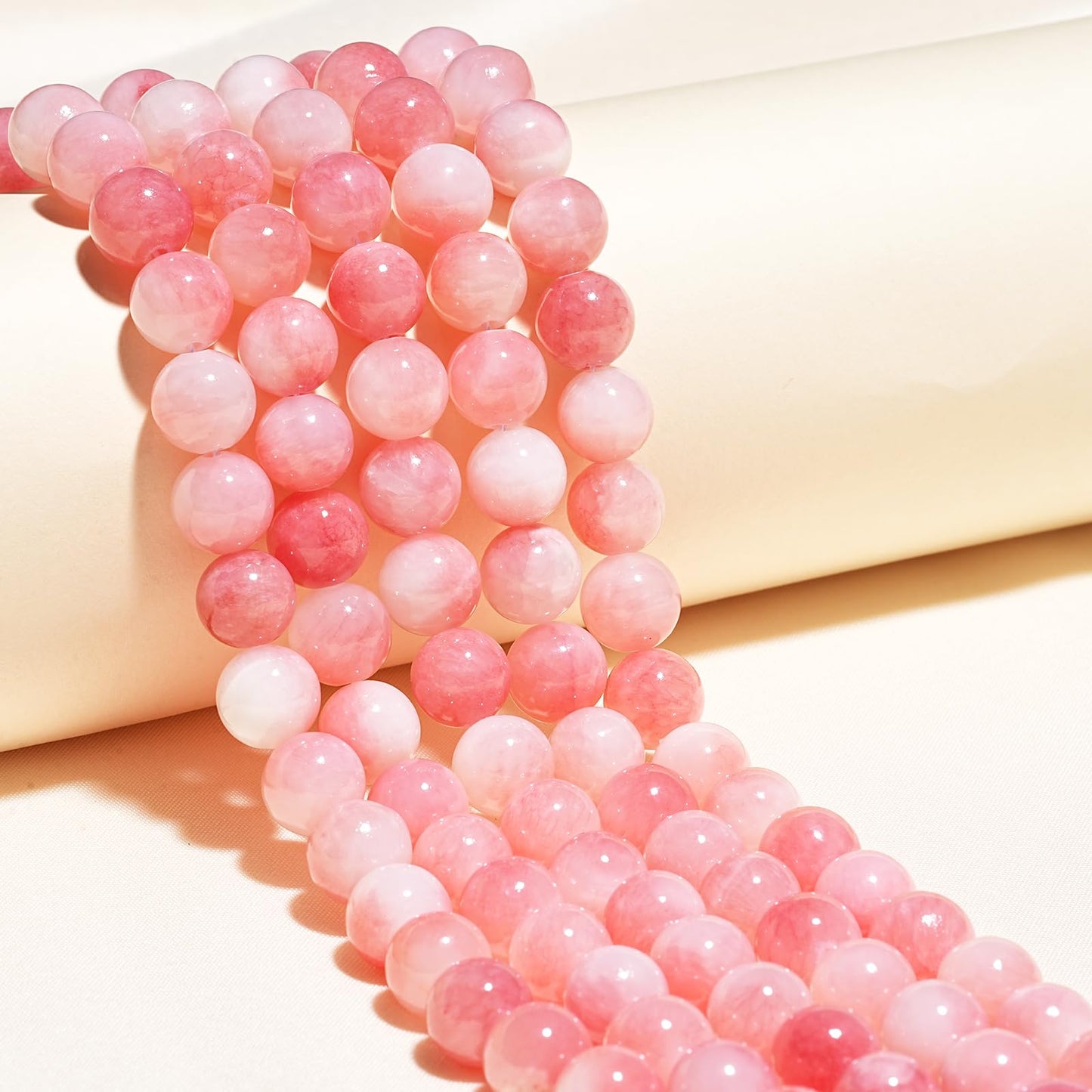 10mm Natural Pink White Jade Gemstone Beads Polished Round Smooth Stone Beads for Bracelets Jewelry Making 15inch Loose Beads