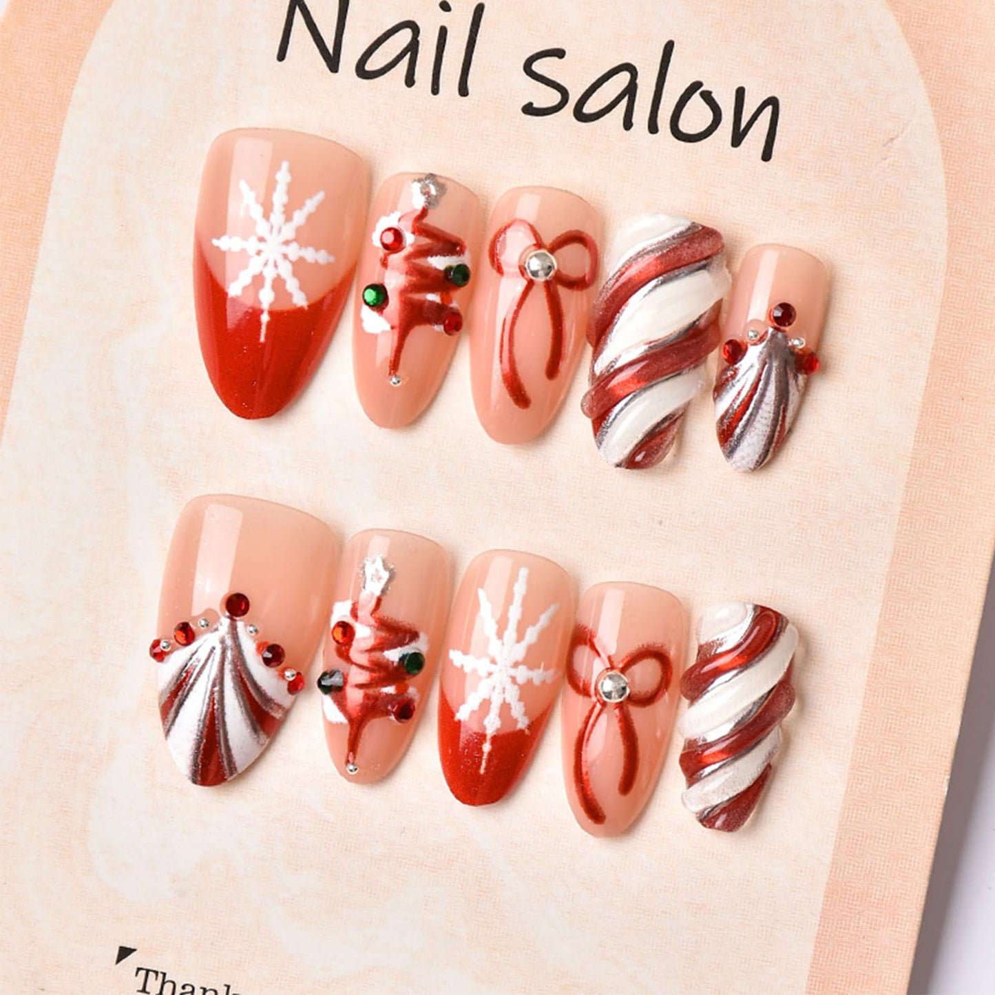 3D Christmas Tree Acrylic Fake Nail Glossy Red Colored Lantern Stick on Fingernails Snowflake Press on Nails 24Pcs Candy Cane Gel Glue on Nail Bow Tie Medium Almond False Nails for Women Xmas Gift