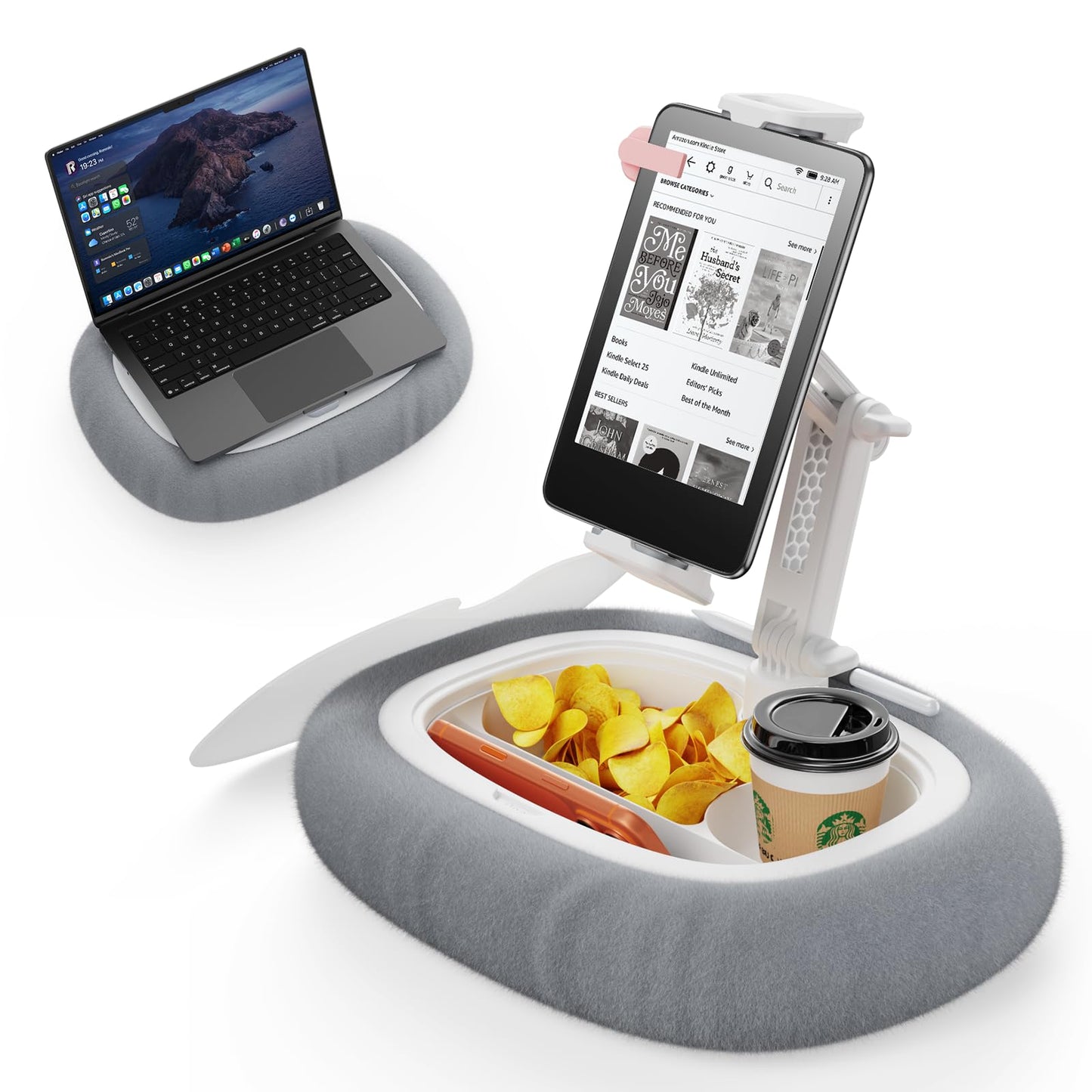 Tablet Kindle Pillow Stand Holder Free Adjustment with 3 Divided Trays Fit 4''-13'' Phone Kindle iPad Holder Stand Ultra Stable for Bed Soft Plus Fabric Dust Cover Lap Desk Kindle Accessories Gray