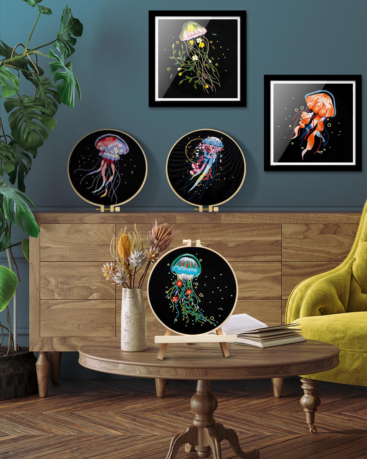 TINDTOP Embroidery Kit for Adults, 5 Sets Jellyfish Embroidery Kit for Beginners Include Embroidery Cloth Hoops Threads for Craft Lover Hand Stitch with Embroidery Skill Techniques