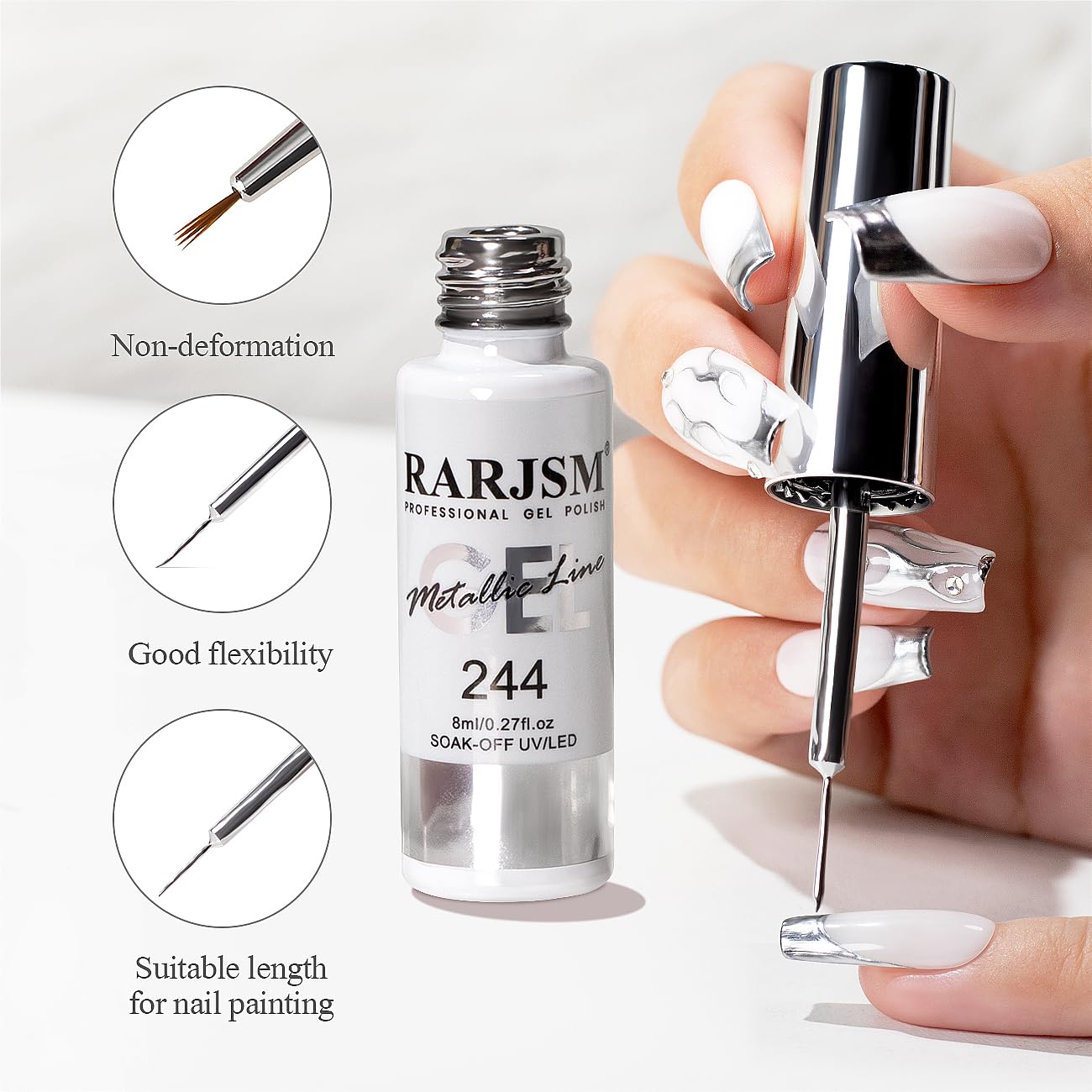 RARJSM Metallic Silver Gel Liner Nail Art 3D Mirror Chrome Effect Gel Nail Polish 8ml Build in Thin Brush Metal Painted Drawing Striper Gel Polish Soak off Curing Requires for Home Salon Diy Painting