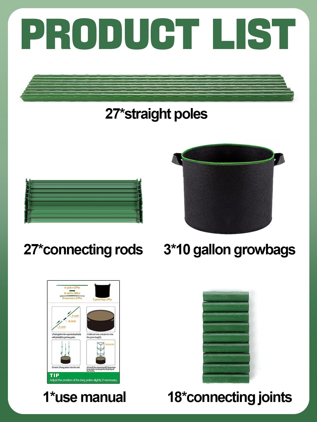 ANPHSIN Sturdy Triangle Tomato Cage with Movable 10 Gal Grow Bags - 3 Sets 47'' Plants Garden Trellis Planters, Support for Indoor Outdoor Beans, Peppers, Eggplants, Climbing Vegetables