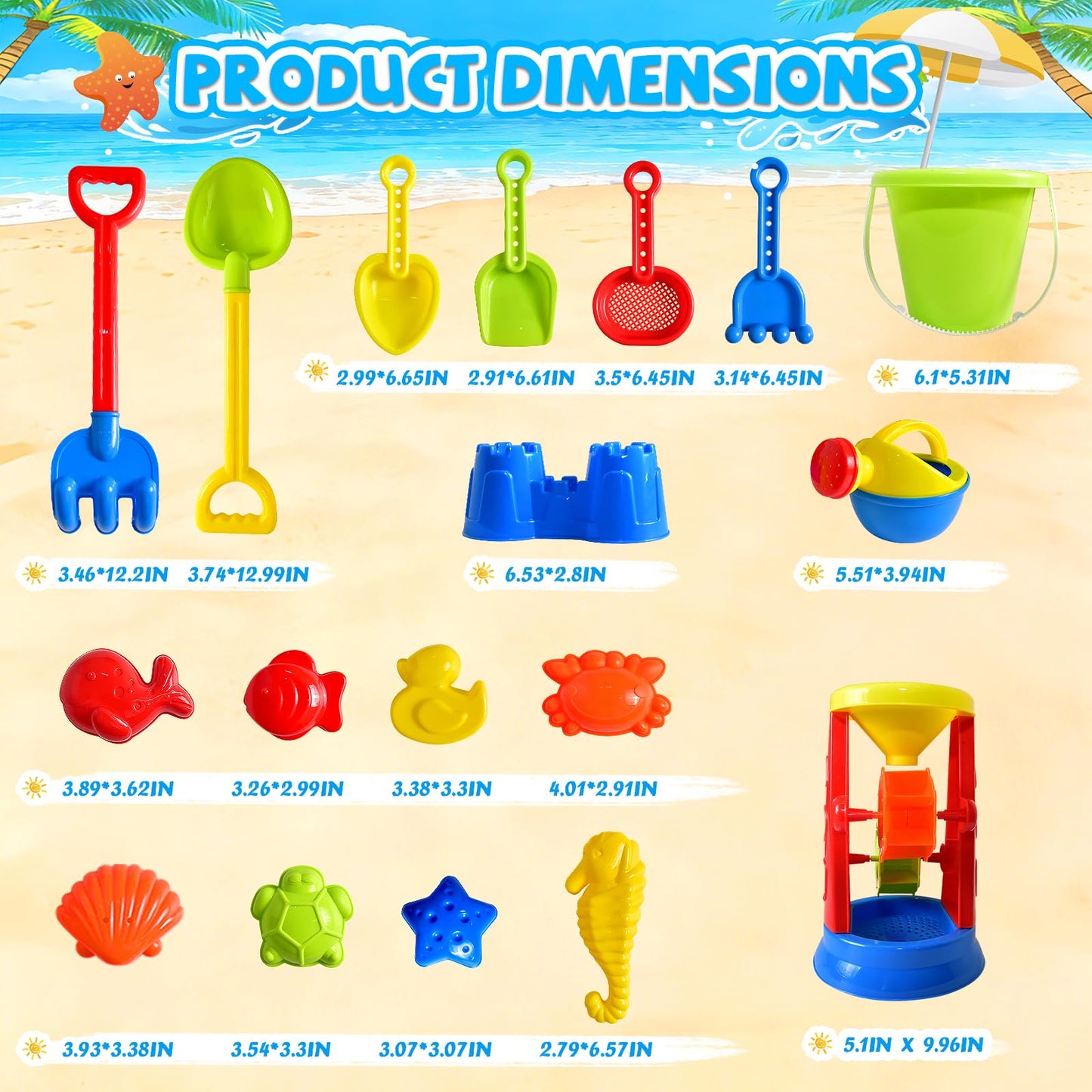 Beach Toys, 19 Piece Sand Toys Set Kids Sandbox Toys Includes Water Wheel Beach Tool Kit Bucket Watering Can Molds with Mesh Bag for Kids Ages 3-13
