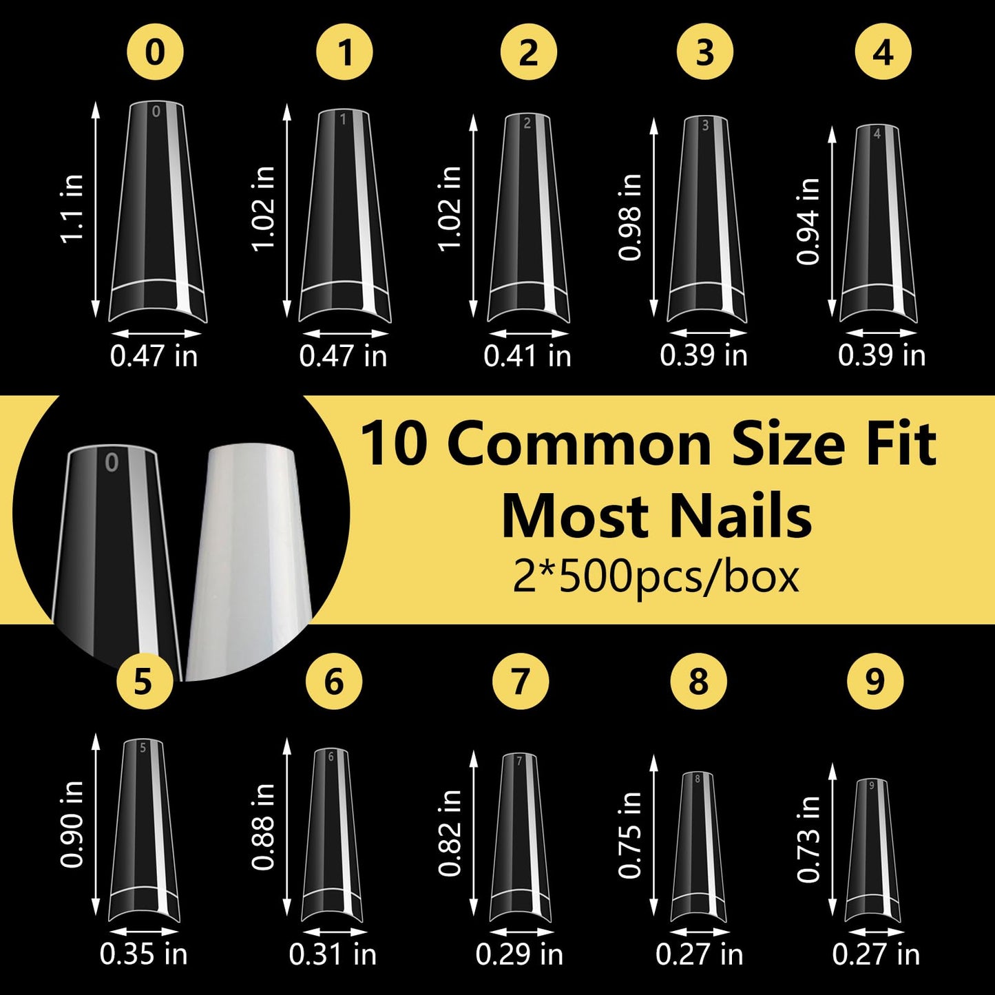 Yokilly 1000PCS Coffin Nail Tips and Glue, Clear Natural False Acrylic Nail Tips, Half Cover 10 Sizes French Artificial Nail Tips Manicure with Nail Clipper, Nail Files and Glue for Dip Powder
