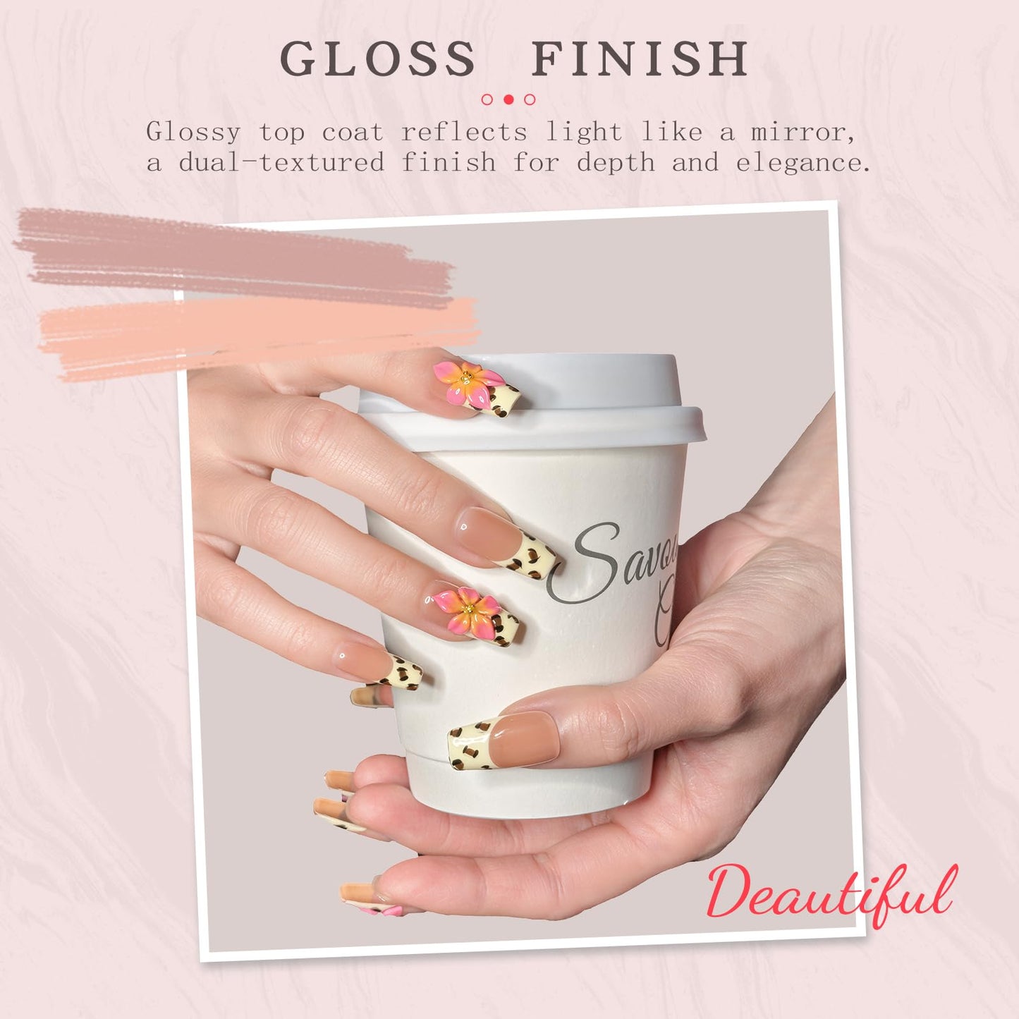 Nude Pink Handmade Press On Nails – Long Coffin French Leopard Print & Floral Rhinestone Design | Thick Acrylic Full-Coverage False Nails Spring Pattern (S-10PCS)