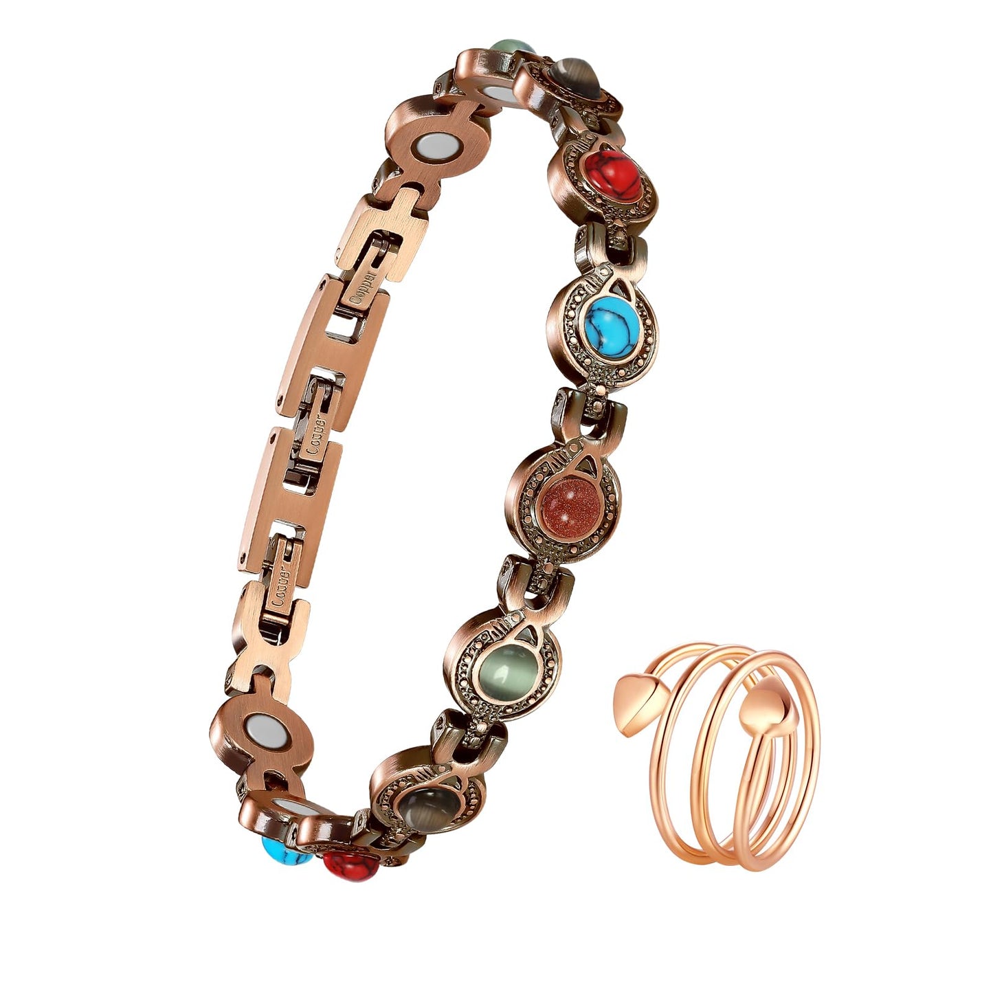 Jeracol Copper Bracelet & Ring for Women, Ultra Strength Magnetic Bracelet with 3800 Gauss Magnets & Natural Turquoise & Stones, Adjustable Length Sizing Tool & Jewelry Box
