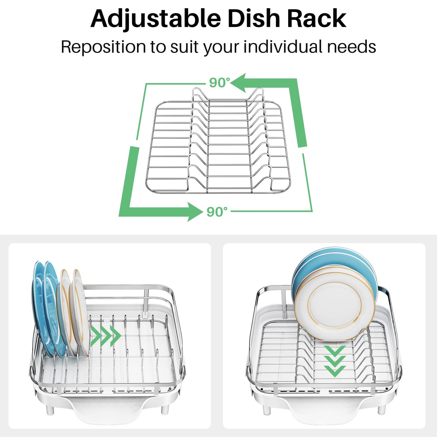 SNTD Dish Drying Rack, Expandable Dish Rack for Kitchen Counter, Stainless Steel Dish Drainer with Drainboard Set and Utensil Holder (White)