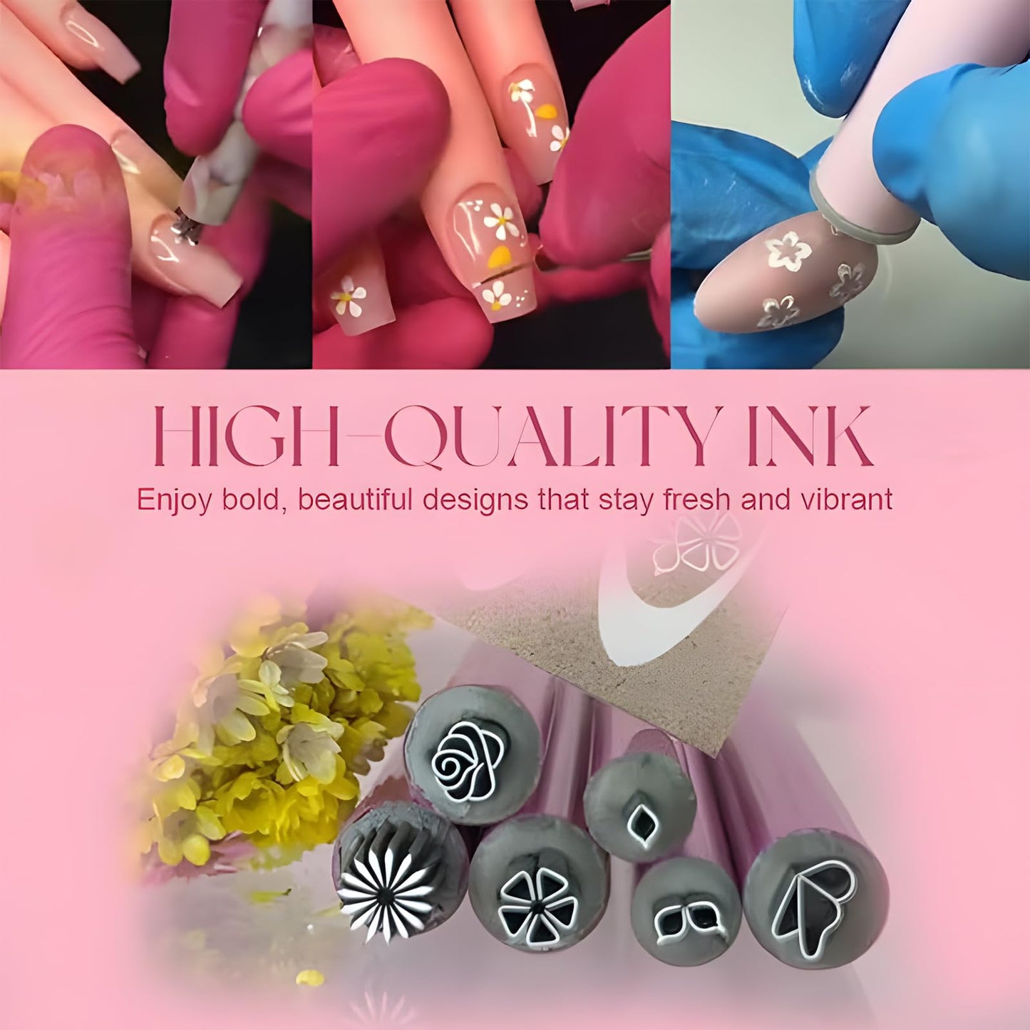 Flower Nail Art Stamp Set - 10pcs, Precision Stamp Pen, Dotting Tool, Foil, Designs for Women