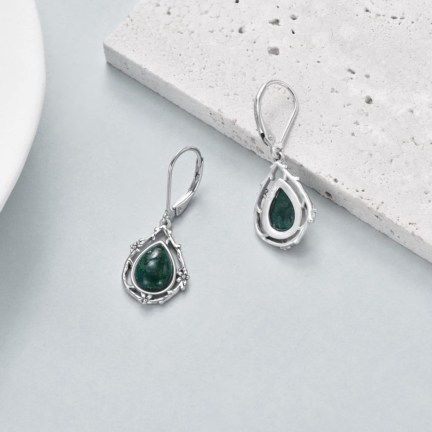 POPLYKE Moss Agate Green Gems Teardrop Drop Dangle Earrings Sterling Silver Leverback Earrings Jewelry