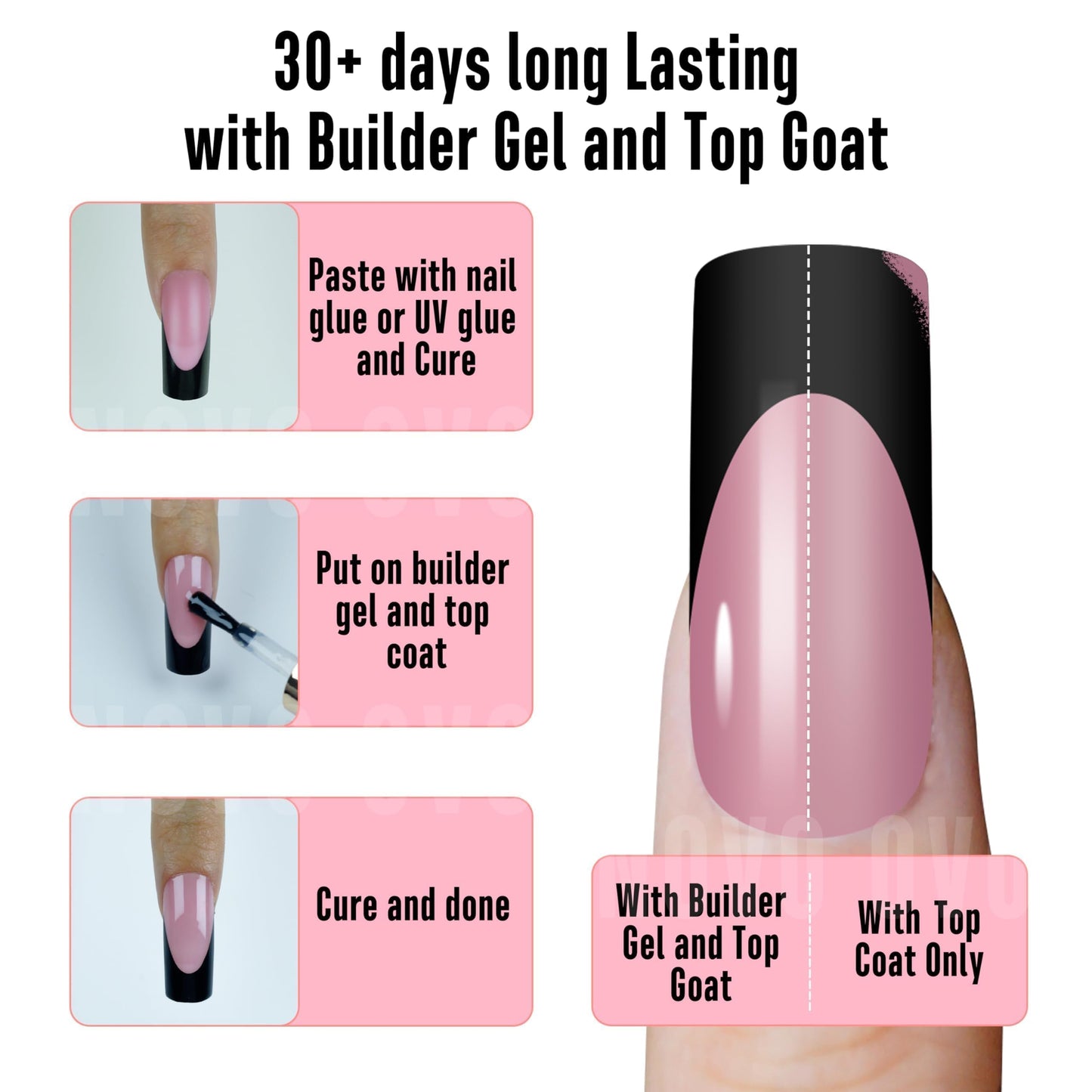 NOVO OVO Halloween Black French Tip Nail Tips Slightly Curved Medium BERRY PINK Full Cover for Press on Acrylic, Extra Thick M Soft Gel False Nail, need Builder Gel Top Coat, for DIY 15 Sizes 240 pcs