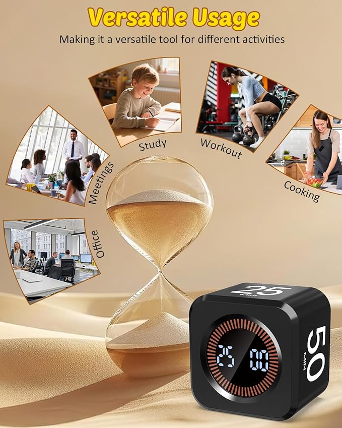 Pomodoro Timer Cube Visual Productivity Flip Timer for Kids Classroom Desk, 5/10/25/50min&Custom Countdown, Silent&Sound Mode Digital Cube for ADHD Study Work School Game Kitchen (Black)