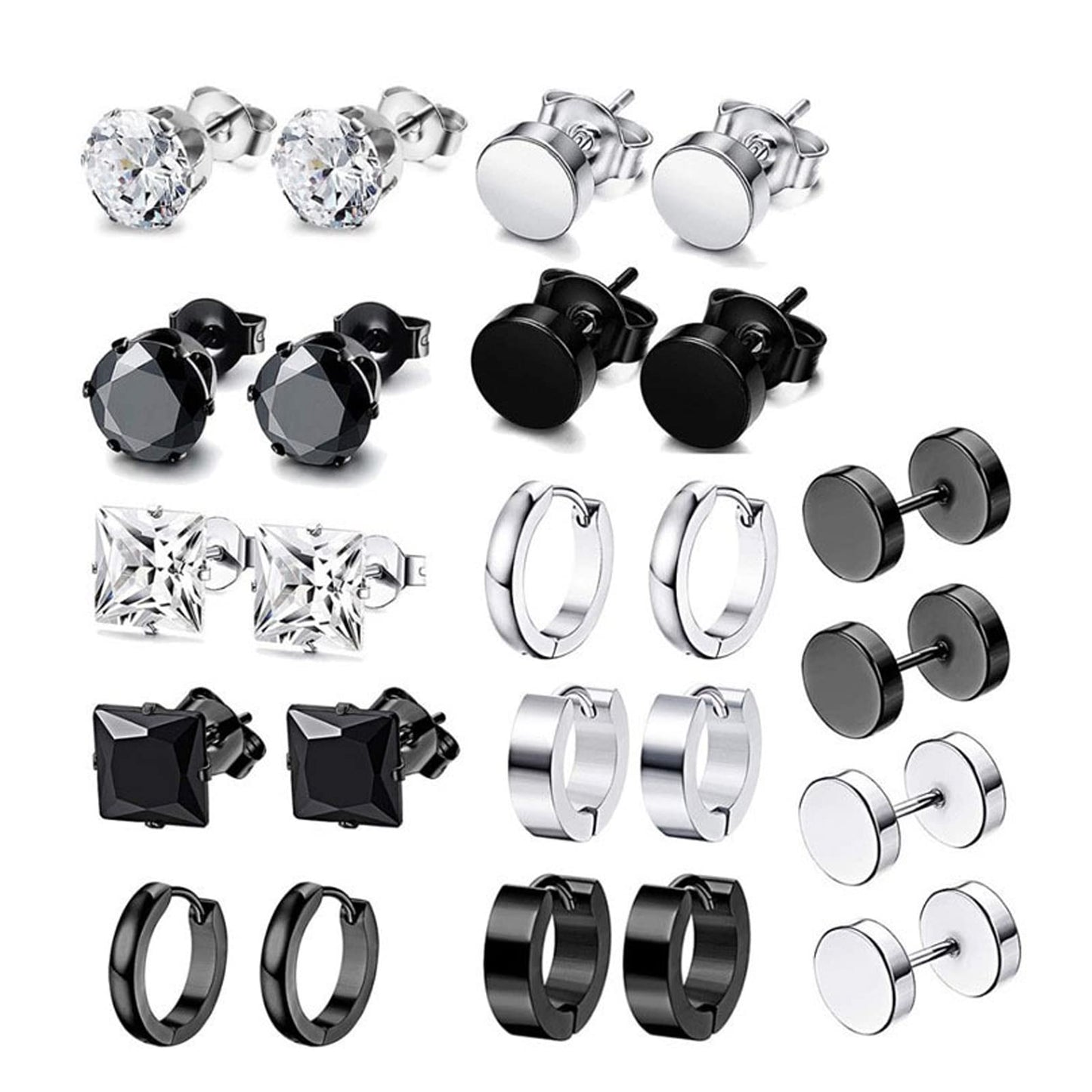 LEBOCADO 12 Pairs Earrings for Men, Stainless Steel Black Stud Earrings Hoop Earrings Set for Women, Black and Sliver Ear Studs (12 Pairs Set)