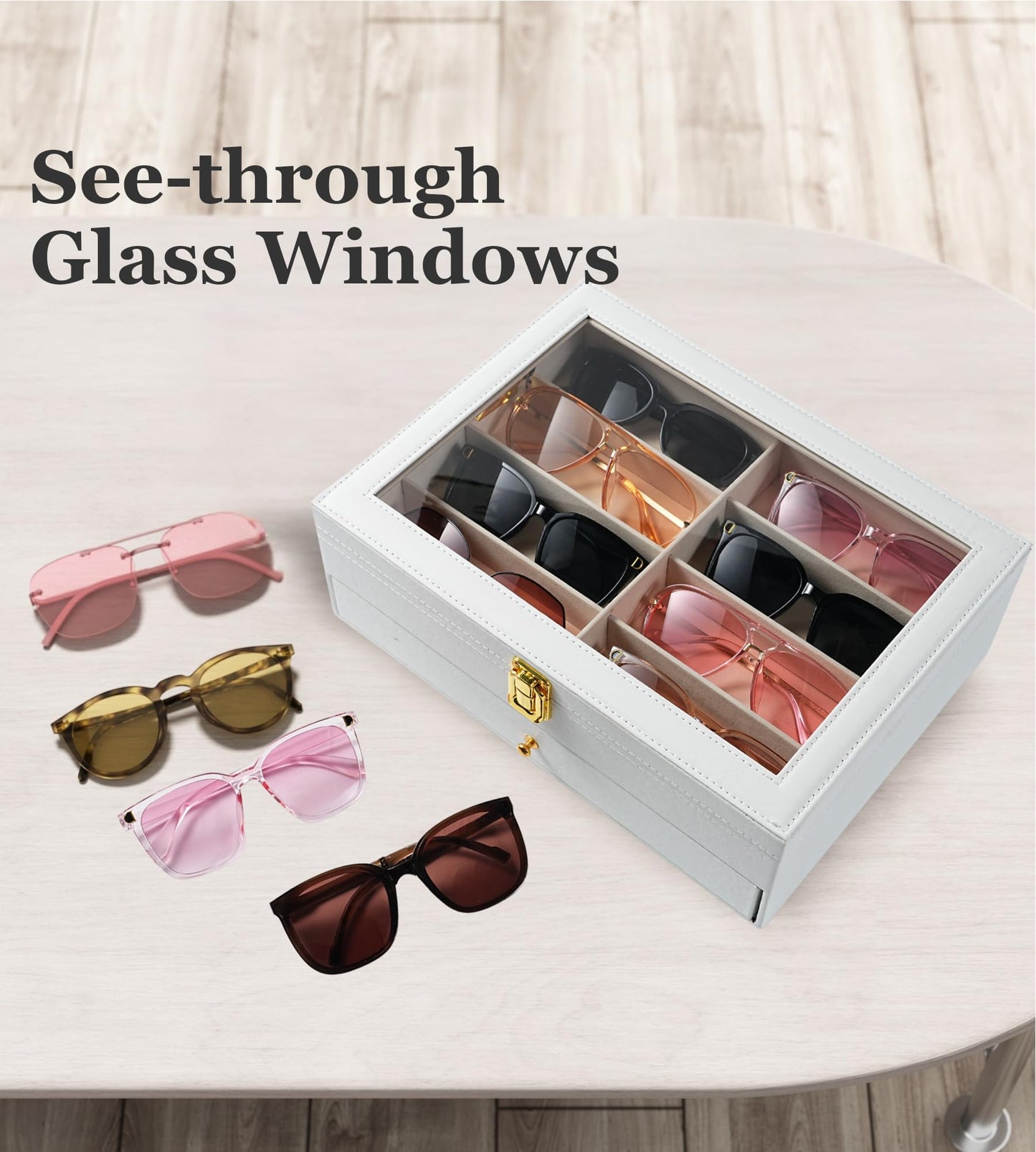 NEWLOOP Sunglasses Organizer Display Case - Sunglass Organizer for Women Men See-through Display Case Multiple Pairs Glasses Holder Stand 2-layer Eyeglass Collection Box with 16 Slots White