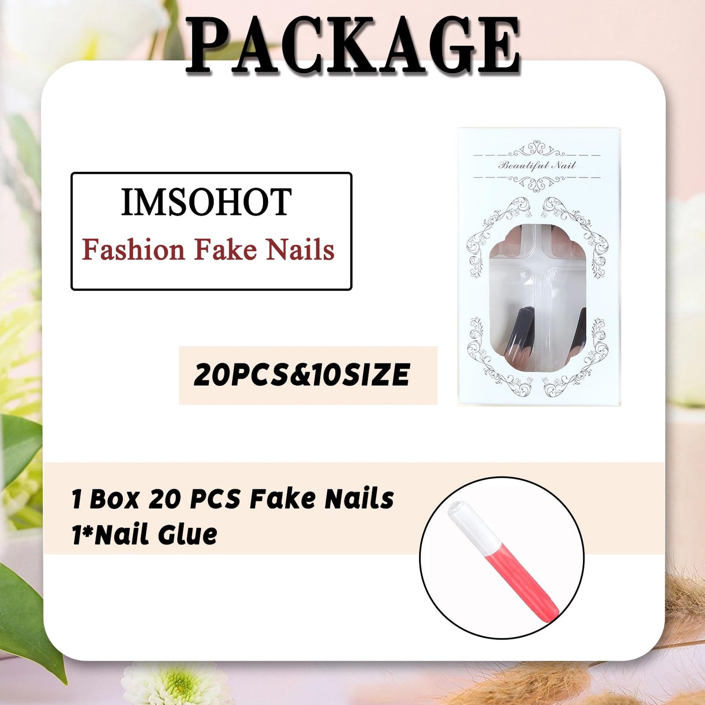 IMSOHOT Curved Press on Nails Extra Long Fake Nails Black French Tips False Nails Full Cover Glossy Stick on Nails for Women 20Pcs