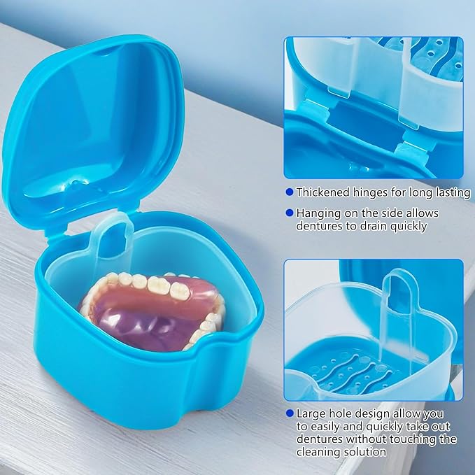 Denture Cups for Soaking Dentures, Partial Denture Holder Case Retainer Mouthguard Cleaning Box Case with 2 Small Brushes - Blue and Dark Blue