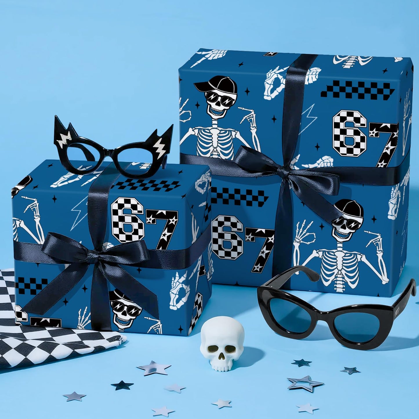 RUSPEPA 67 Skeleton Wrapping Paper Roll, Mini Roll, Blue Cool Street Style 67 Meme Design with Skeleton, Checkered & Lightning, Funny Gift Wrap for Kids, Boys, Teens, Birthday, 17 Inches x 16.4 Feet