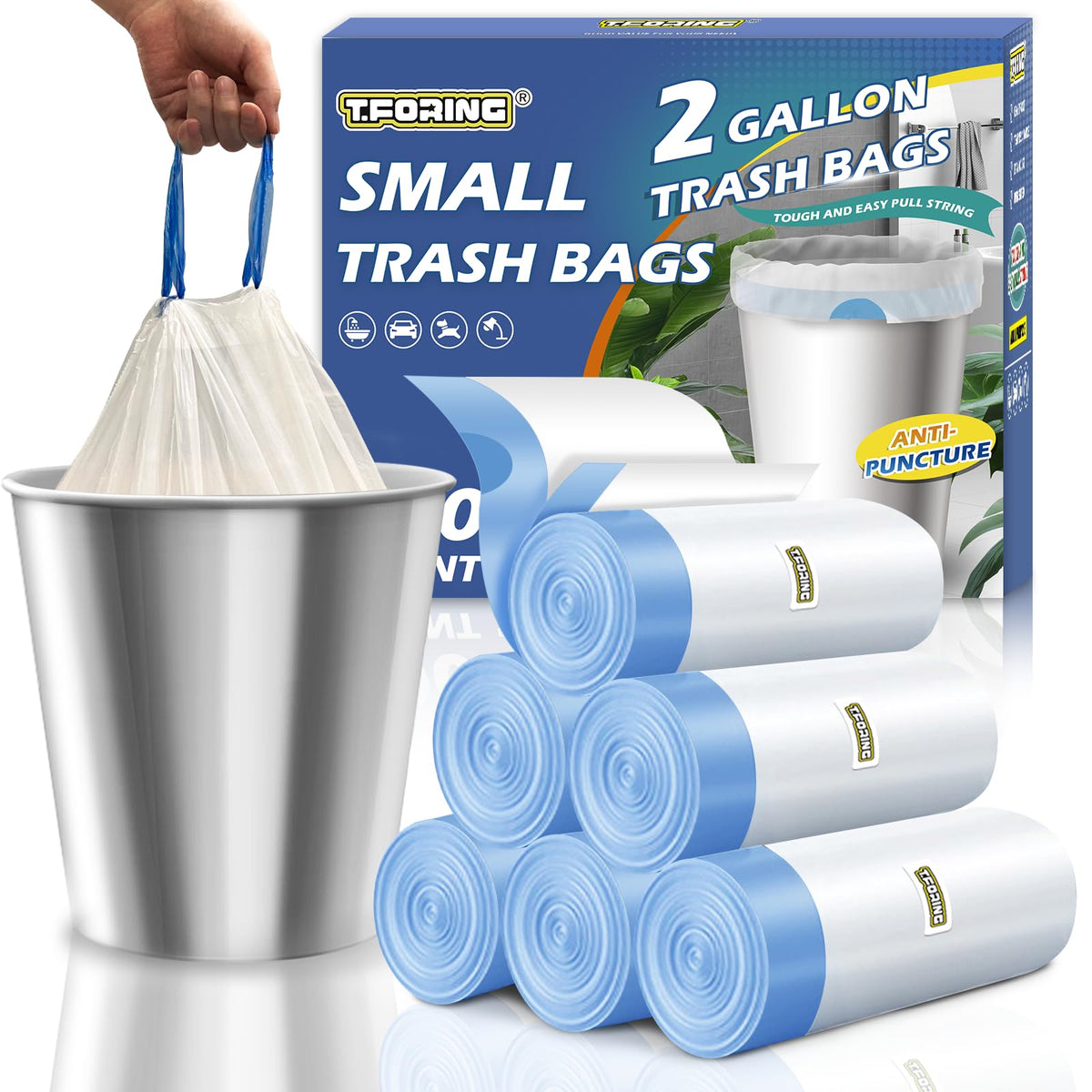 Small 2 Gallon Trash Bags Drawstring (120 Count)