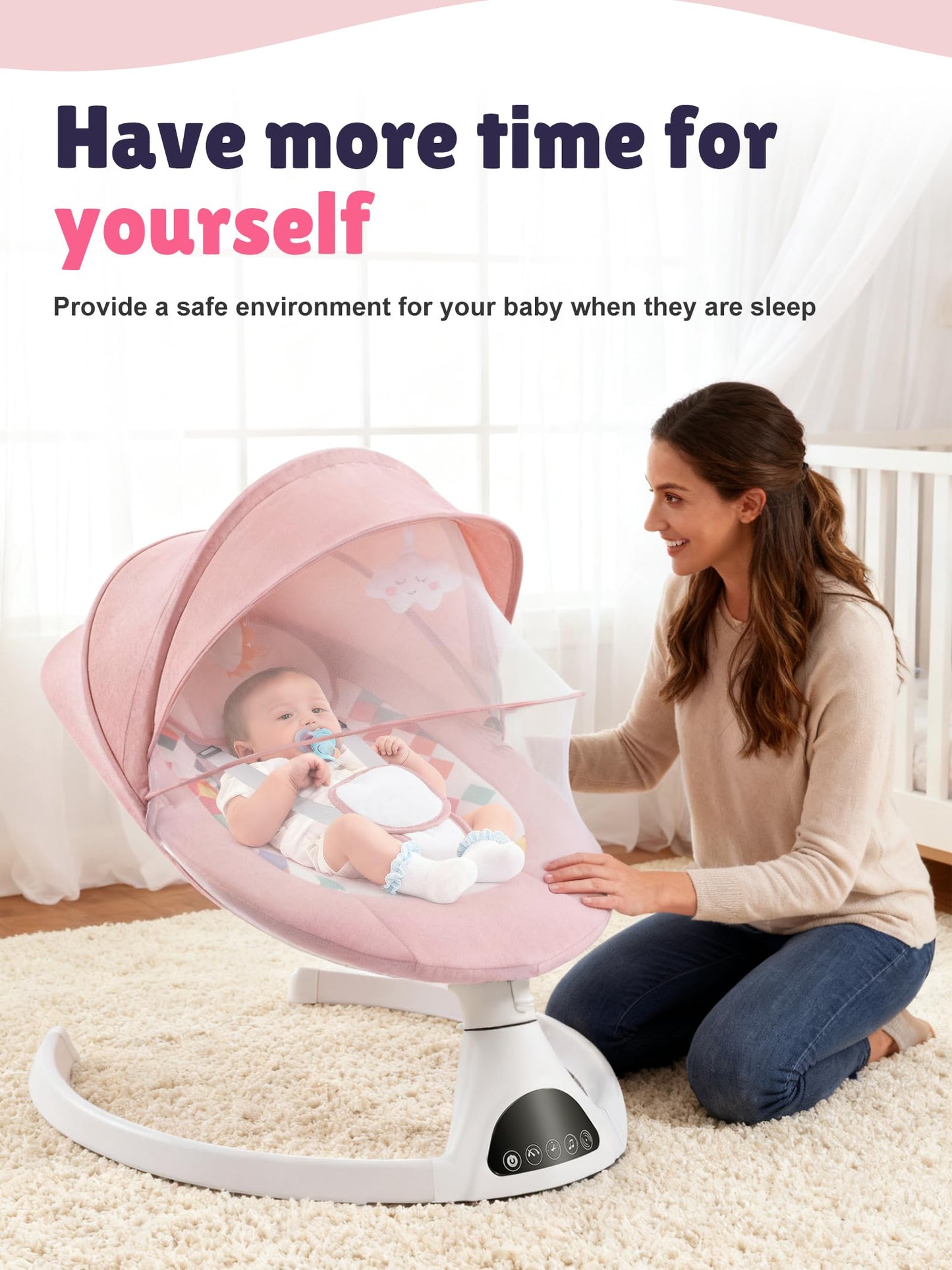 FDTQP Baby Swing for Infants - Electric Portable Bluetooth Baby Rocker with 5 Speeds, 5-Point Harness, Remote Control, Timing & Music Speaker Max 20 Lbs (Pink)