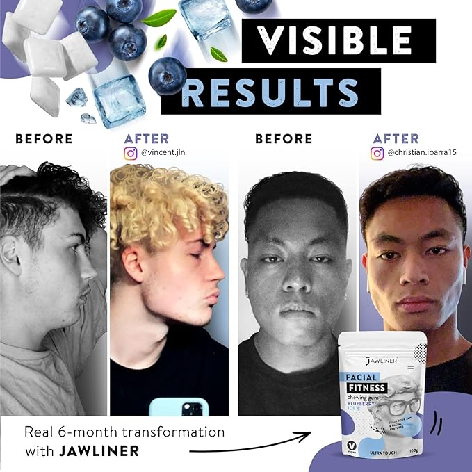 Jawliner® - Pioneers the Toughest Handmade 15x Harder Jawline Gum Includes 12 Weeks Coaching - Sugar-Free Blueberry Ice Gum - Jawline Exerciser for Mewing & Shaping the Jaw (2 Months Pack)