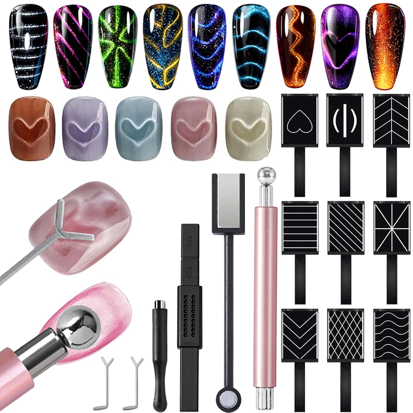 YECIRALA 14Pcs Cat Eye Magnet For Nails Magnet Tool Set With 2 Pcs Y-Shape Iron Molds, Double-Side Cylinder And Bead Cat Eye Gel Nail Polish Magnet For Nails Different Magnet Sticks Design Tools