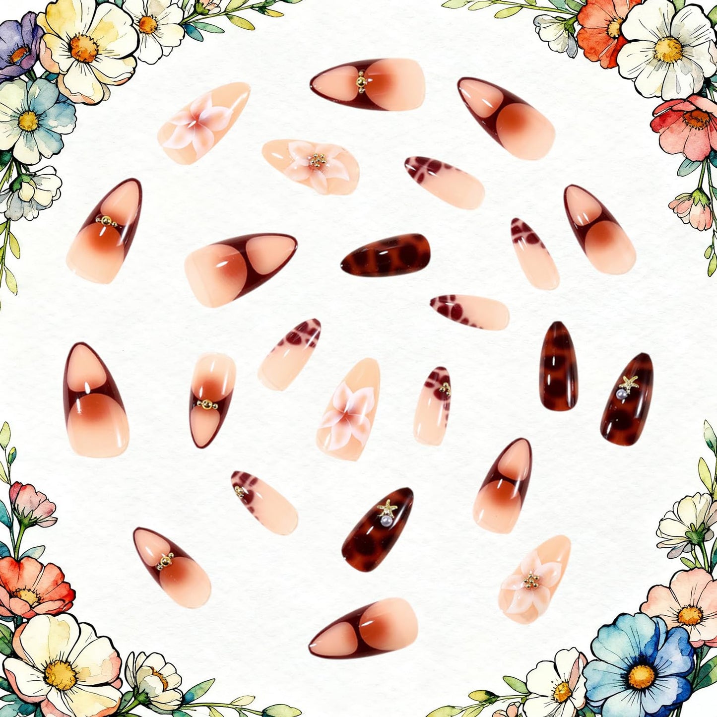 Lily Flower Press on Nails Medium Almond Artificial Acrylic False Nails French Brown 3D Metal Starfish Stick on Nails Full Cover Floral Reusable Coffin Artificial Fingernails for Women Manicure