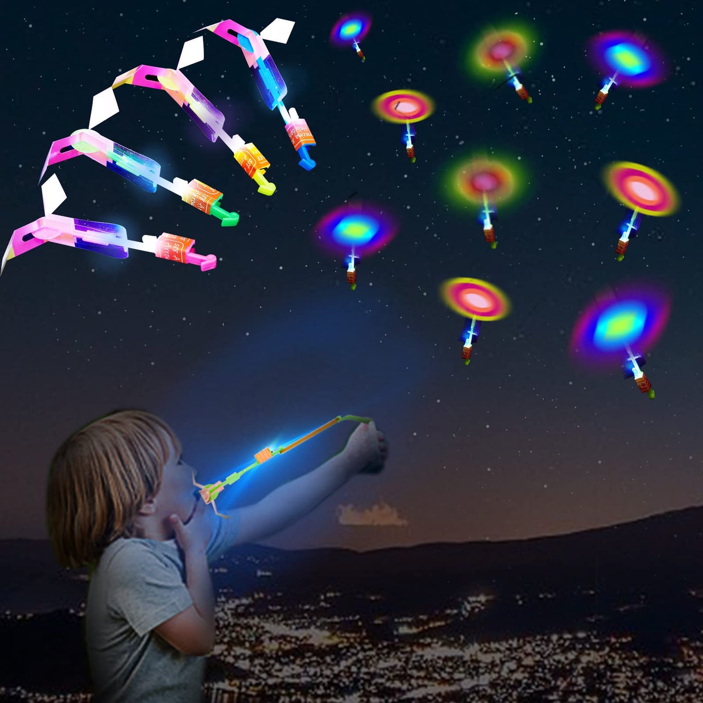 WELLVO 30 Pack Rocket Helicopter with LED Lights 30 Launchers + 30 Glow Rocket Helicopters Glow in The Dark Party Supplies Flying Outdoor Toys Party Favors for Kids 8-12,4-8