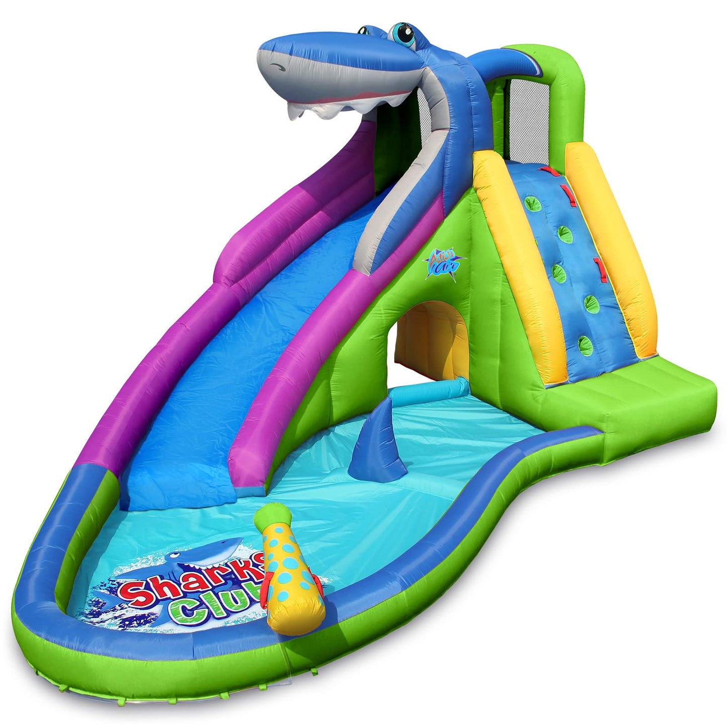 ACTION AIR Inflatable Water Slide, Shark Bounce House with Slide for Wet and Dry, Playground Sets for Kids Backyard, Water Spray & Water Pool, Durable Sewn with Extra Thick Material