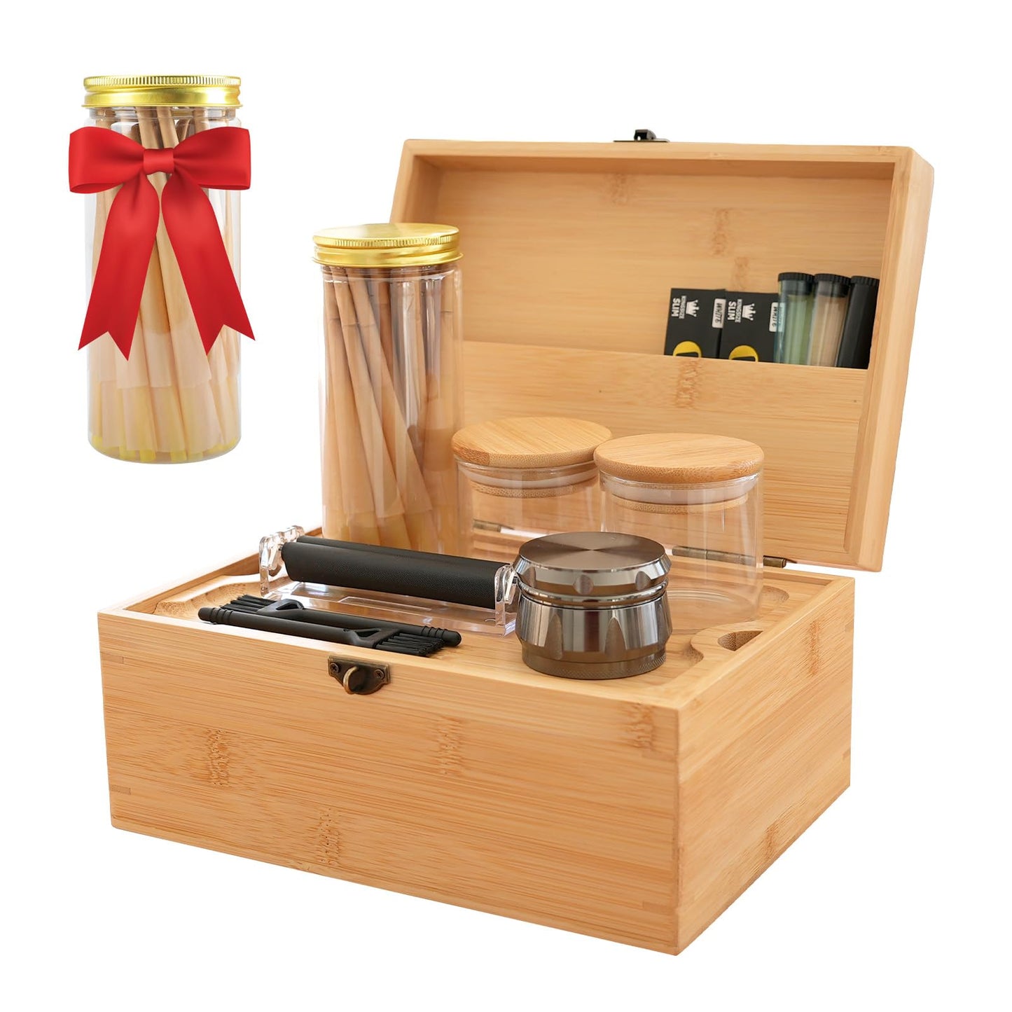 Coozyupper Large Bamboo Storage Box with Removable Tray Kit - Decorative Box Set, Glass Jars, and Accessories Wooden Storage Kit and Accessories Tool.Birthday Gifts